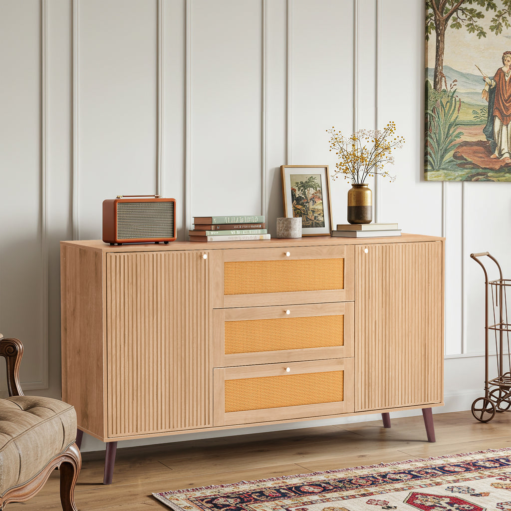 HOMREST Solid Wood Sideboard Buffet Cabinet, Mid-Century Credenza for Living Room, Entryway, Light wood