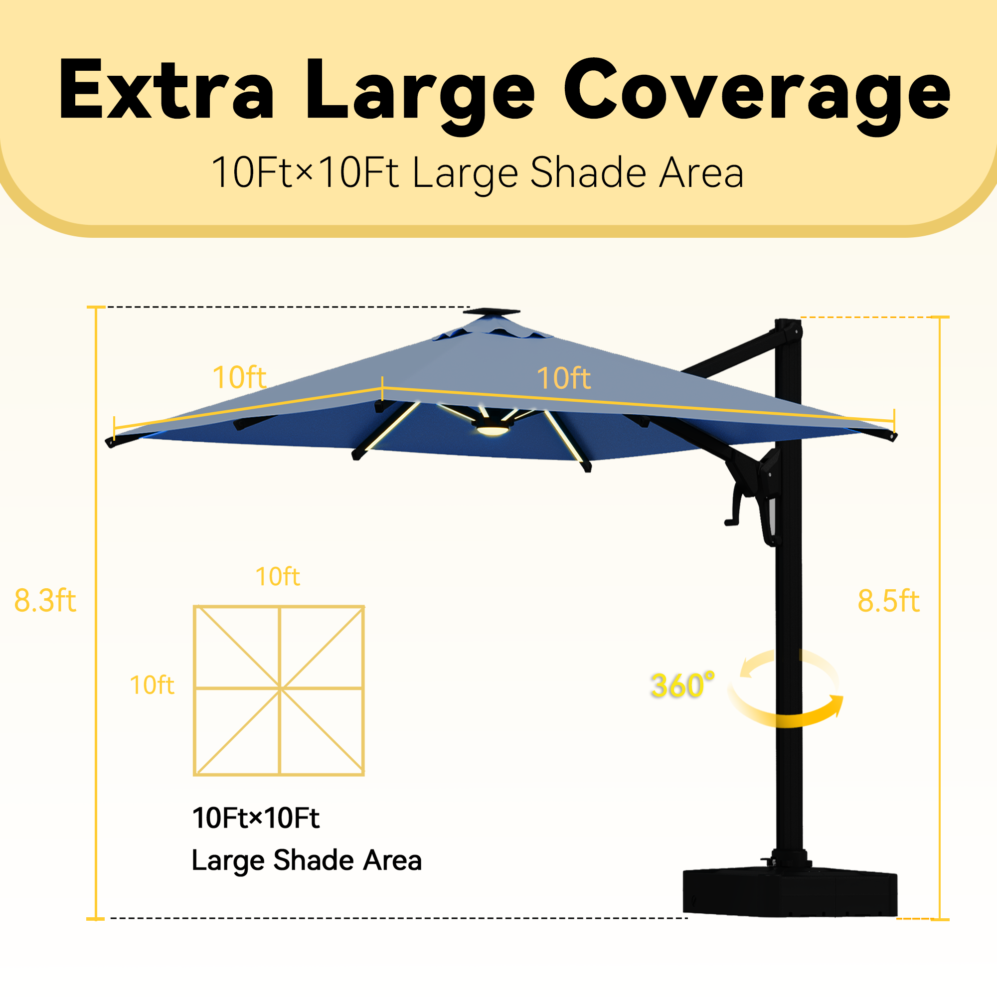 HOMREST 10 X 10 Outdoor Weather-resistant Umbrella with LED Lighting(Base Excluded)  - Navy