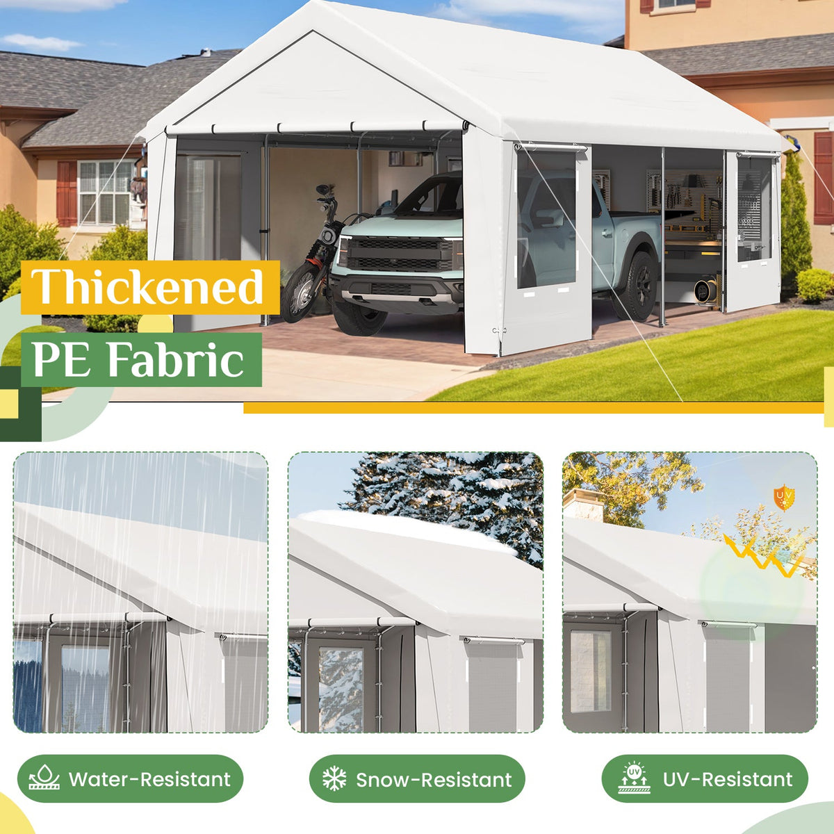 homrest 12' x 24' Heavy Duty Carport£¬Portable Garage with UV Protection & Steel Frame, Car Port with Removable Sidewalls, All-Season Car Canopy for Tractor, Truck, Boat, White