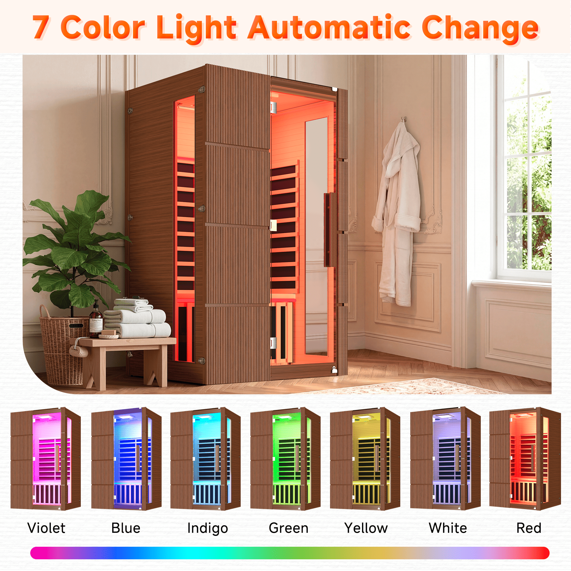 HOMREST 2-Person Indoor Infrared Sauna for Home, Far Infrared Sauna with Red Light Therapy, Chromotherapy Lighting, 6 Carbon Heaters & Bluetooth Speaker, Walnut