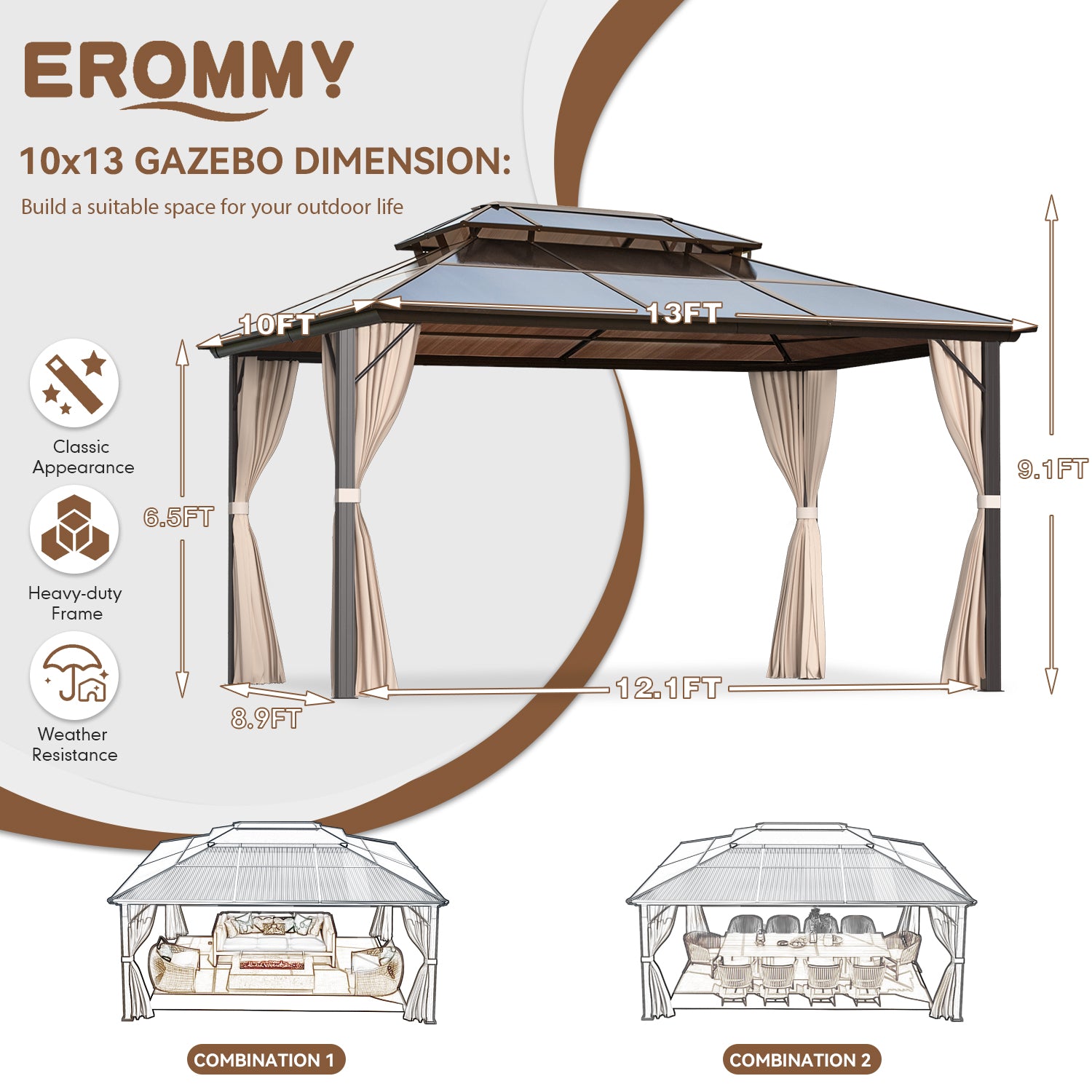 Homrest 10' x 13' Gazebo Polycarbonate Double Roof Canopy Outdoor Aluminum Frame Pergola, Permanent Pavilion with Netting and Curtains