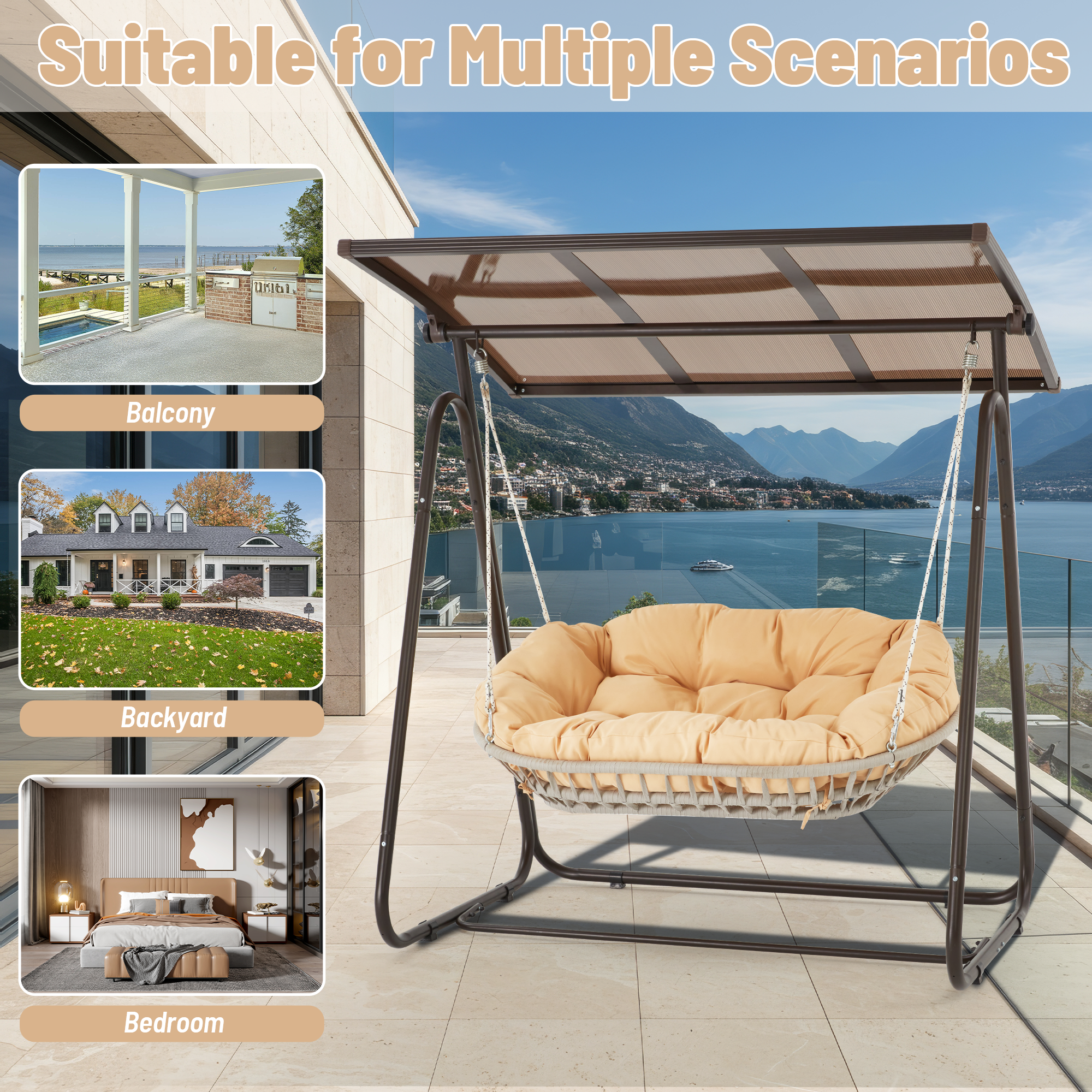 HOMREST 2-Seat Patio Swing Chair with Adjustable Canopy, Beige