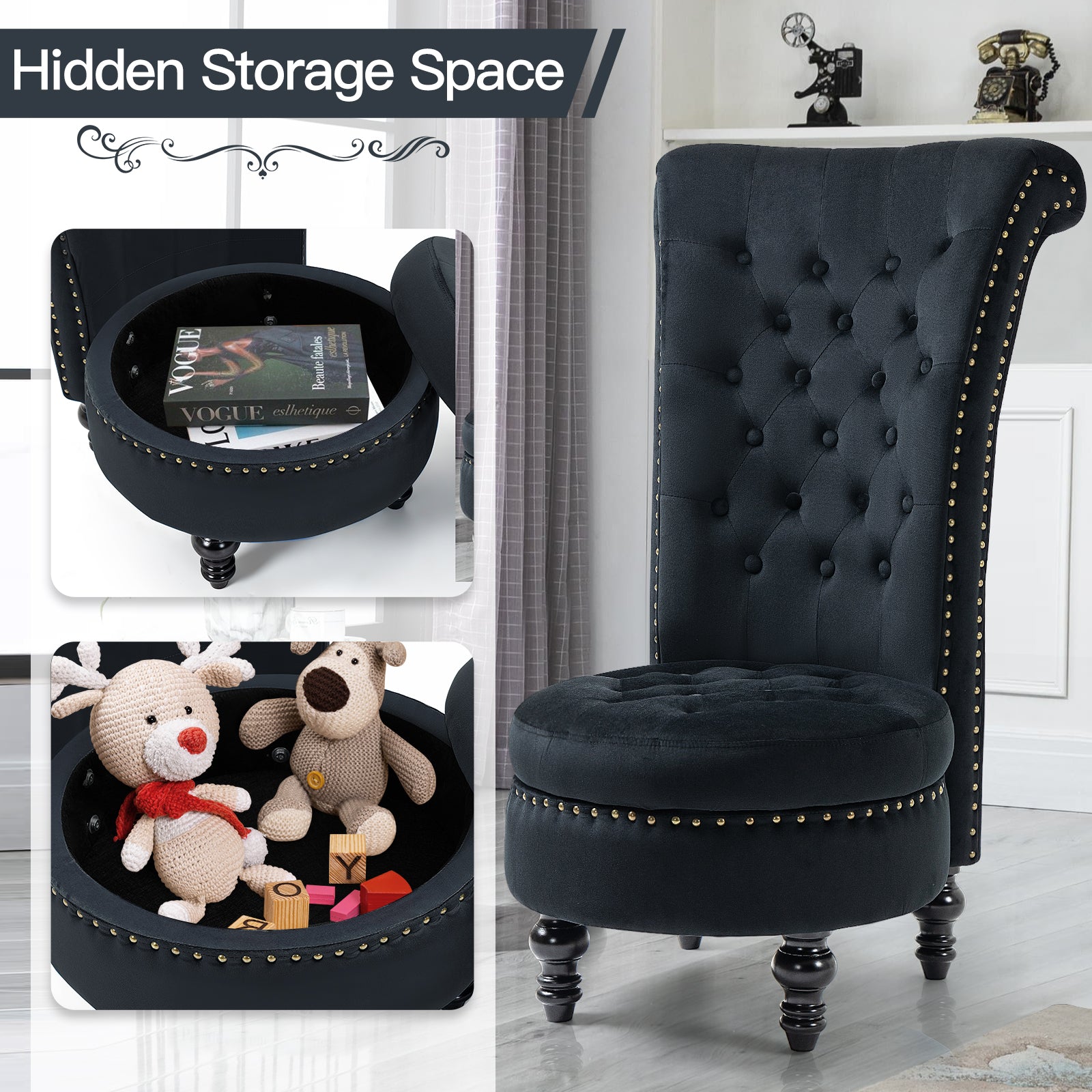 HOMREST High Back Throne Chair, Velvet Armless Royal Accent Chair w/Storage, Nailhead Trim & Rubberwood Legs for Living Room & Bedroom, Black
