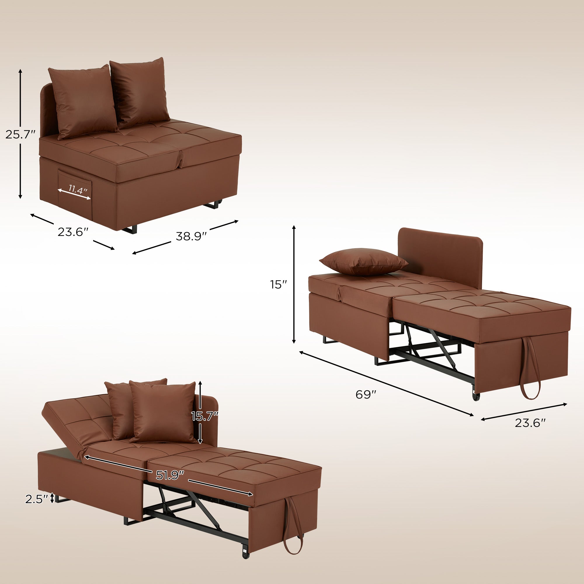 HOMREST 3 IN 1 Futon Sofa Bed Convertible Recliner Lounge with Reclining Backrest, Brown