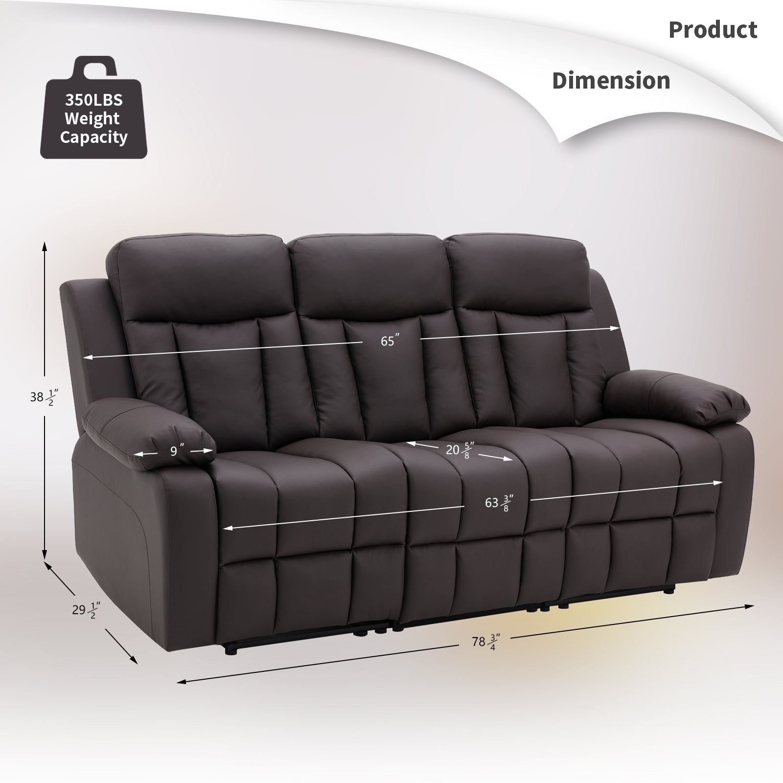 Dimensions of Homrest Breathable Leather Fabric Recliner Chair with PU Padded Seat Backrest