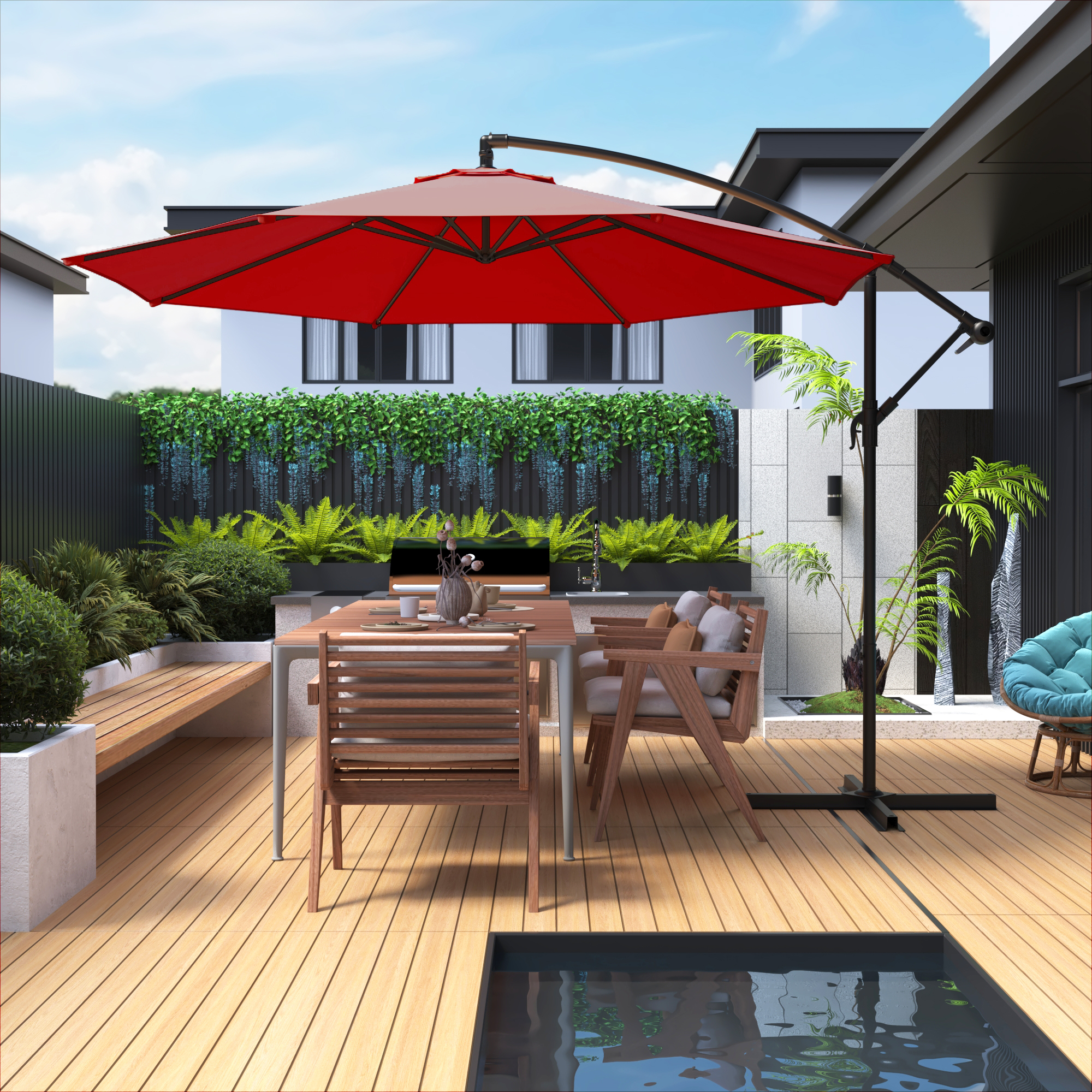 Homrest 10ft Offset Patio Umbrella - Outdoor Hanging Umbrella with Easy Tilt, 99.9% UV Protection, and Sturdy Iron Frame for Garden, Pool, Backyard, Red