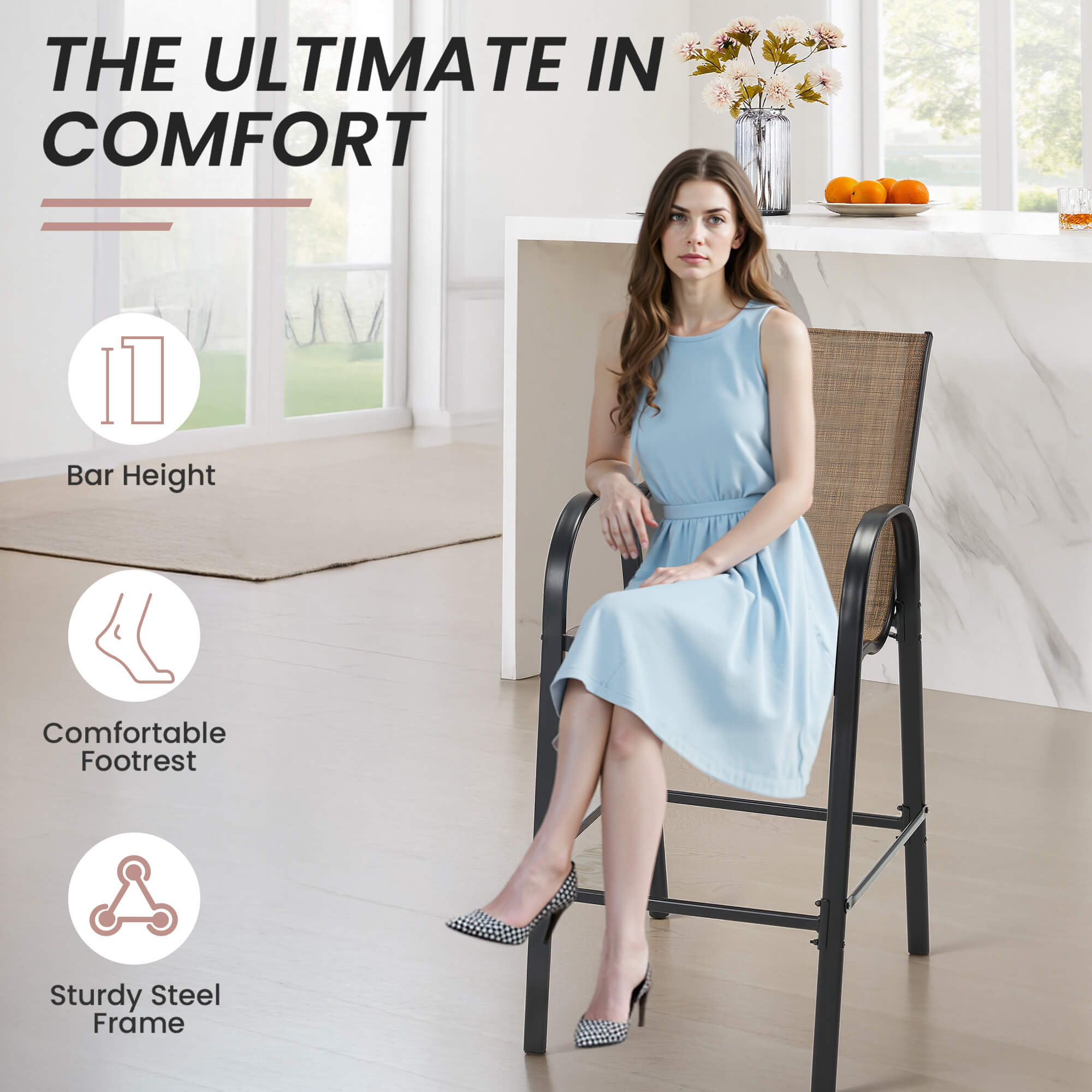 HOMREST Outdoor Bar Height Stools Set of 6, High Back Patio Chairs with Armrests,Textilene Chairs with Breathable Fabric & Metal Frame, Brown