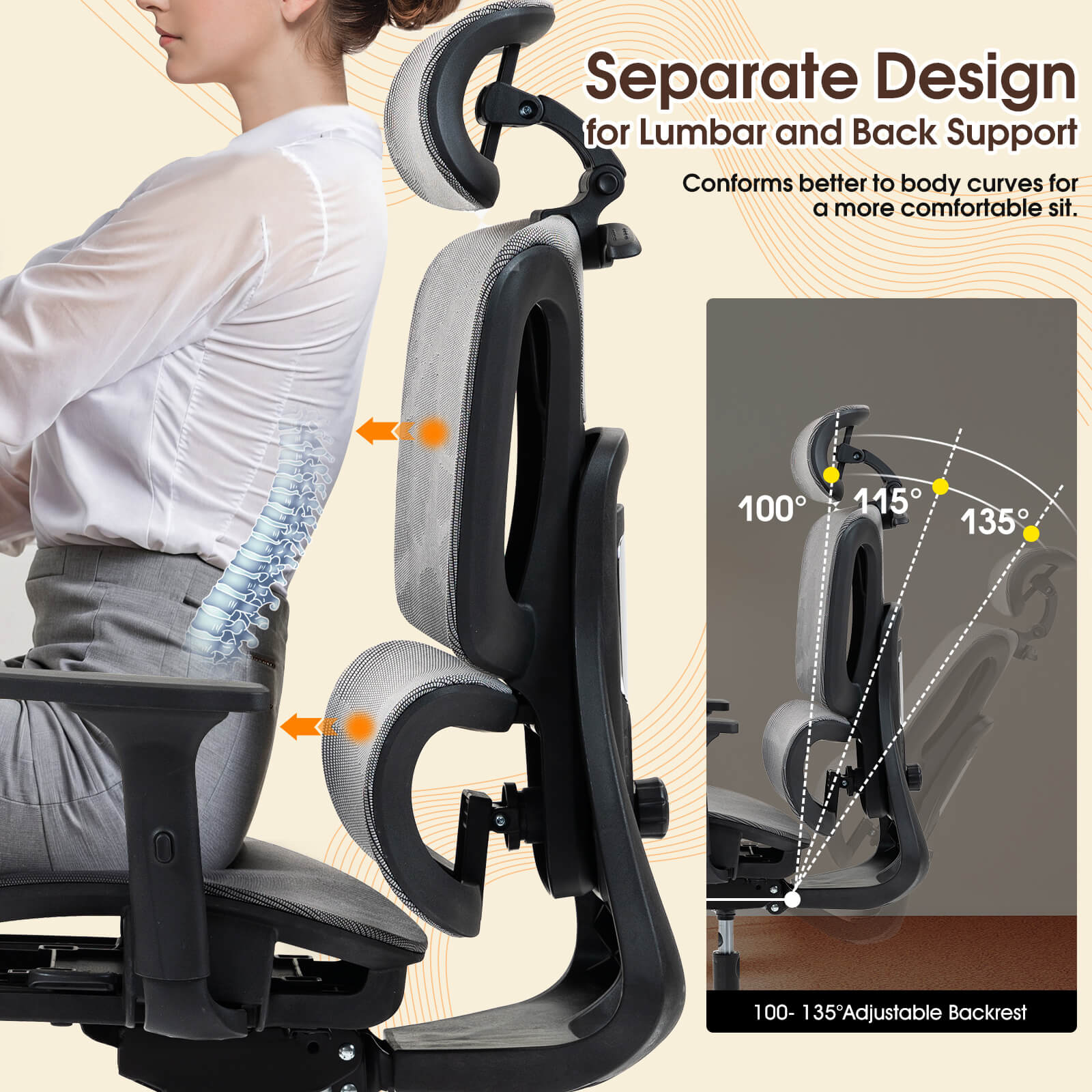 Homrest Ergonomic Mesh Office Chair with Adjustable Lumbar & Headrest – Grey