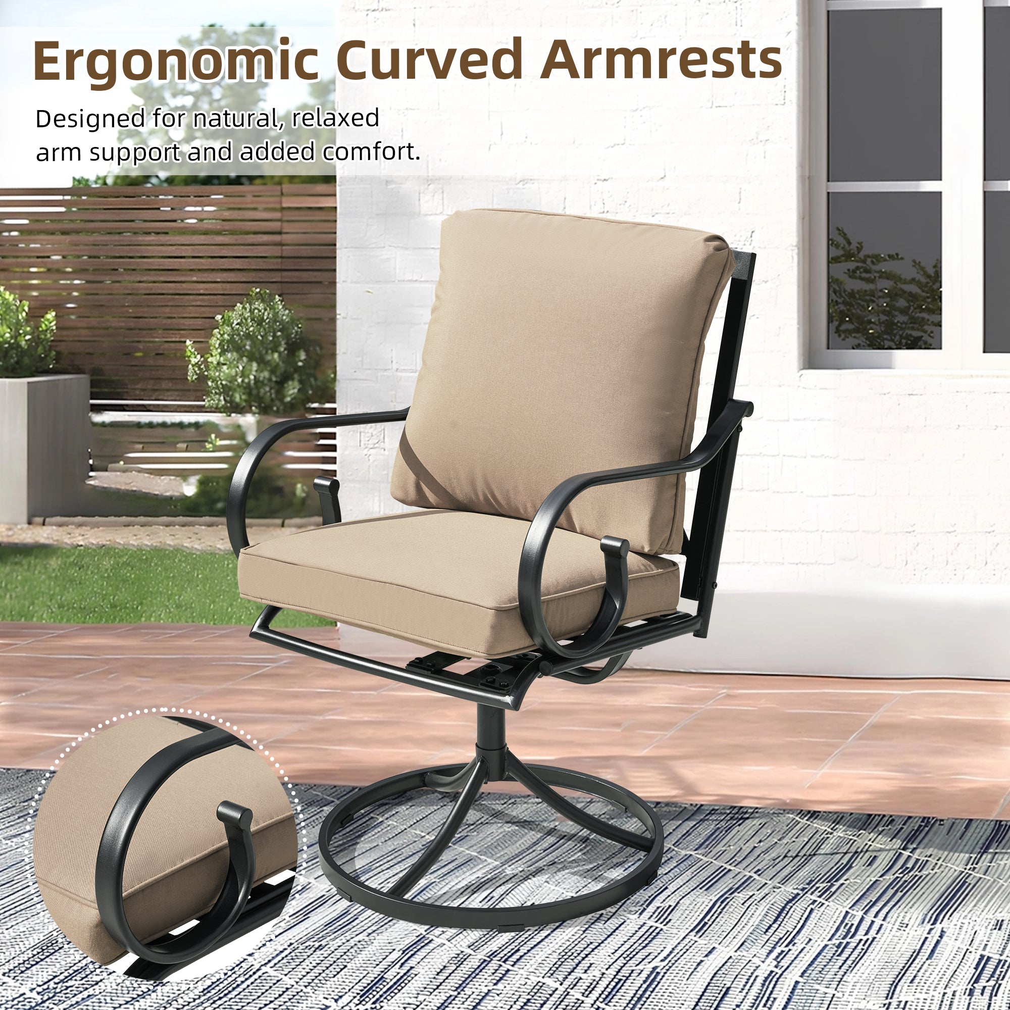 HOMREST  Patio Swivel Chair Set of 2, Outdoor Dining Chairs with Cushions, khaki