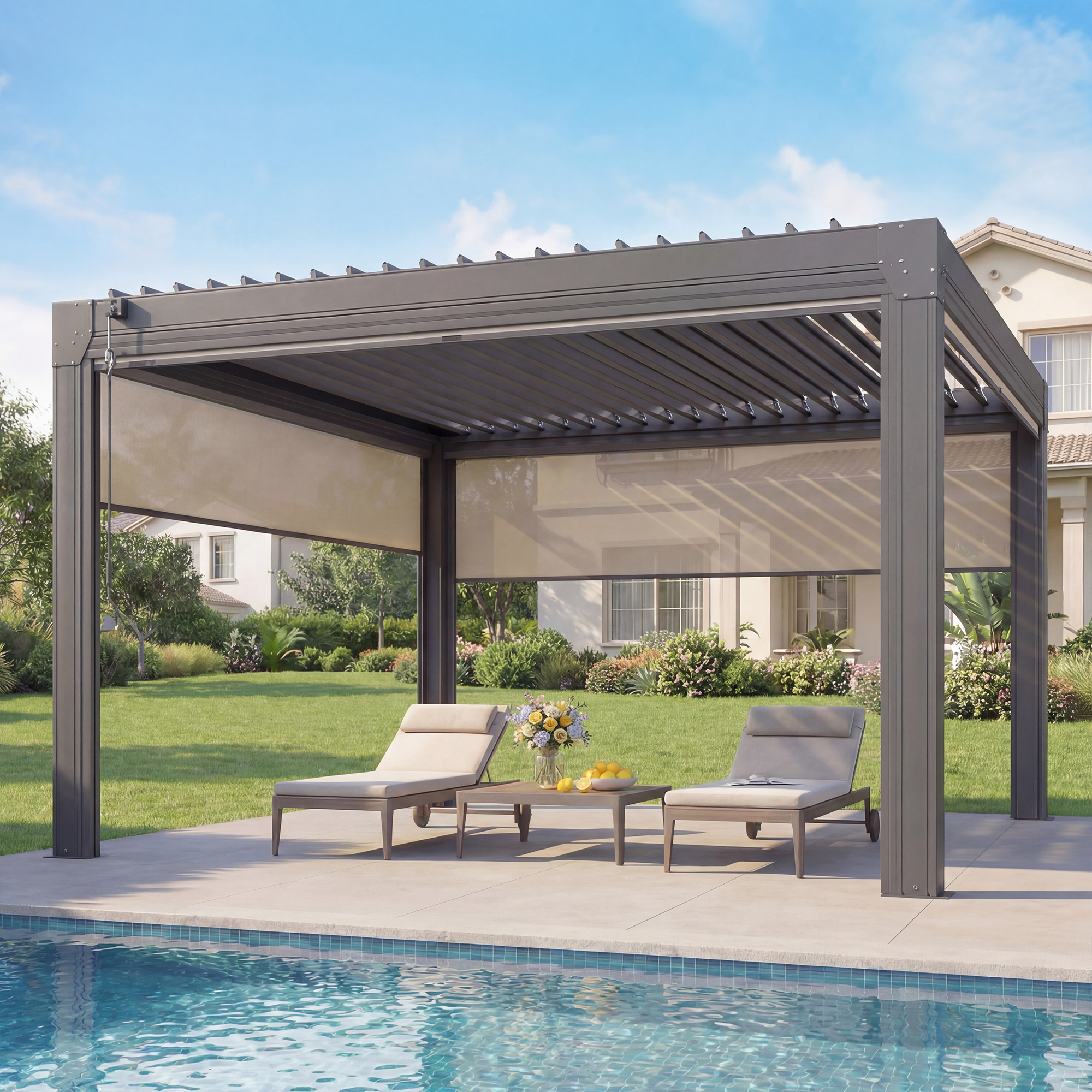 HOMREST 12' x 12' Louvered Pergola with Pull-Down Screens, Aluminum Outdoor Pergola with Retractable Roof for Patios, Decks & Backyards, Black