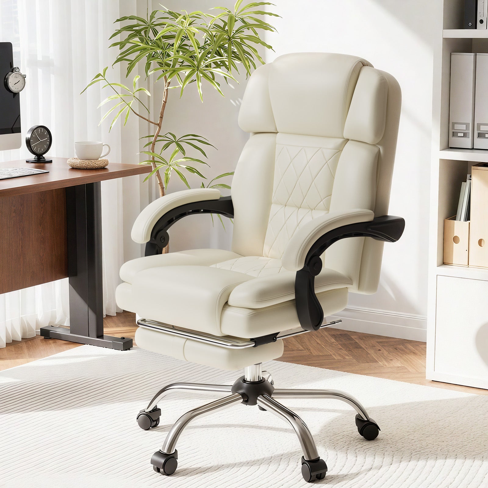 HOMREST 6-Point Massage Office Chair with Heat, Ergonomic Reclining Desk Chair with Footrest, PU Leather Executive Chair for Home Office,Comfortable Computer Chair Gift for Women, Off White