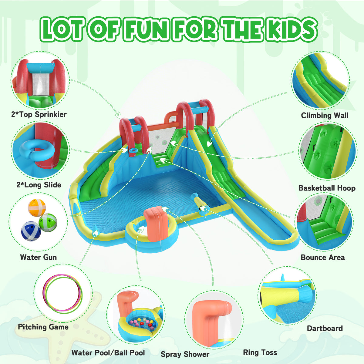 Homrest Inflatable Water Slide,10 in 1 Double Water Slide Bounce House for Kids 3-12 with Blower, Splash Pool, Water Cannon, Climbing Wall, Basketball Hoop for Kids Indoor Outdoor Backyard