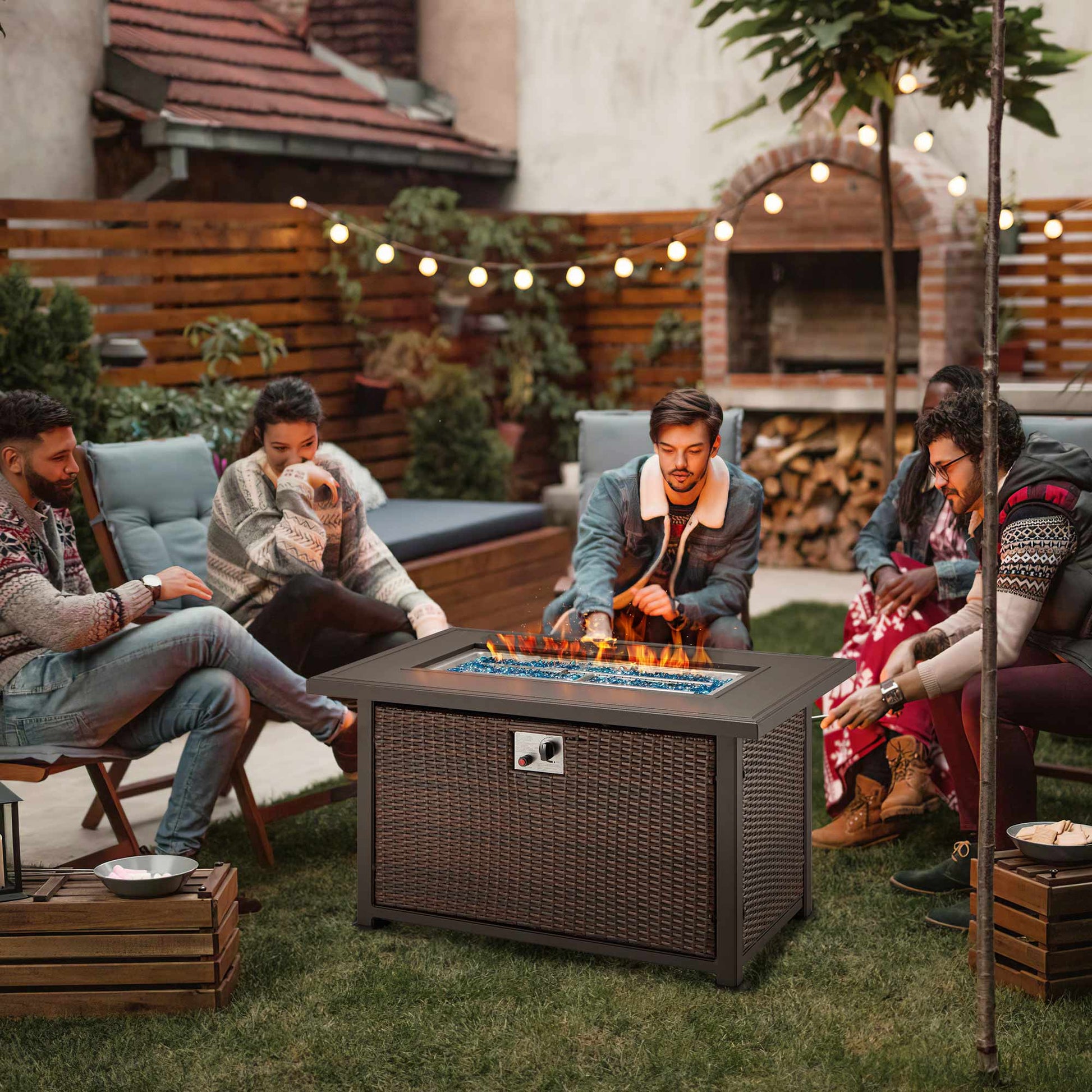 44 in Ourdoor Fire Pit Table 50,000 BTU Auto-Ignition Propane Fire Pit with 2 Hidden Side Hooks, Dark Brown