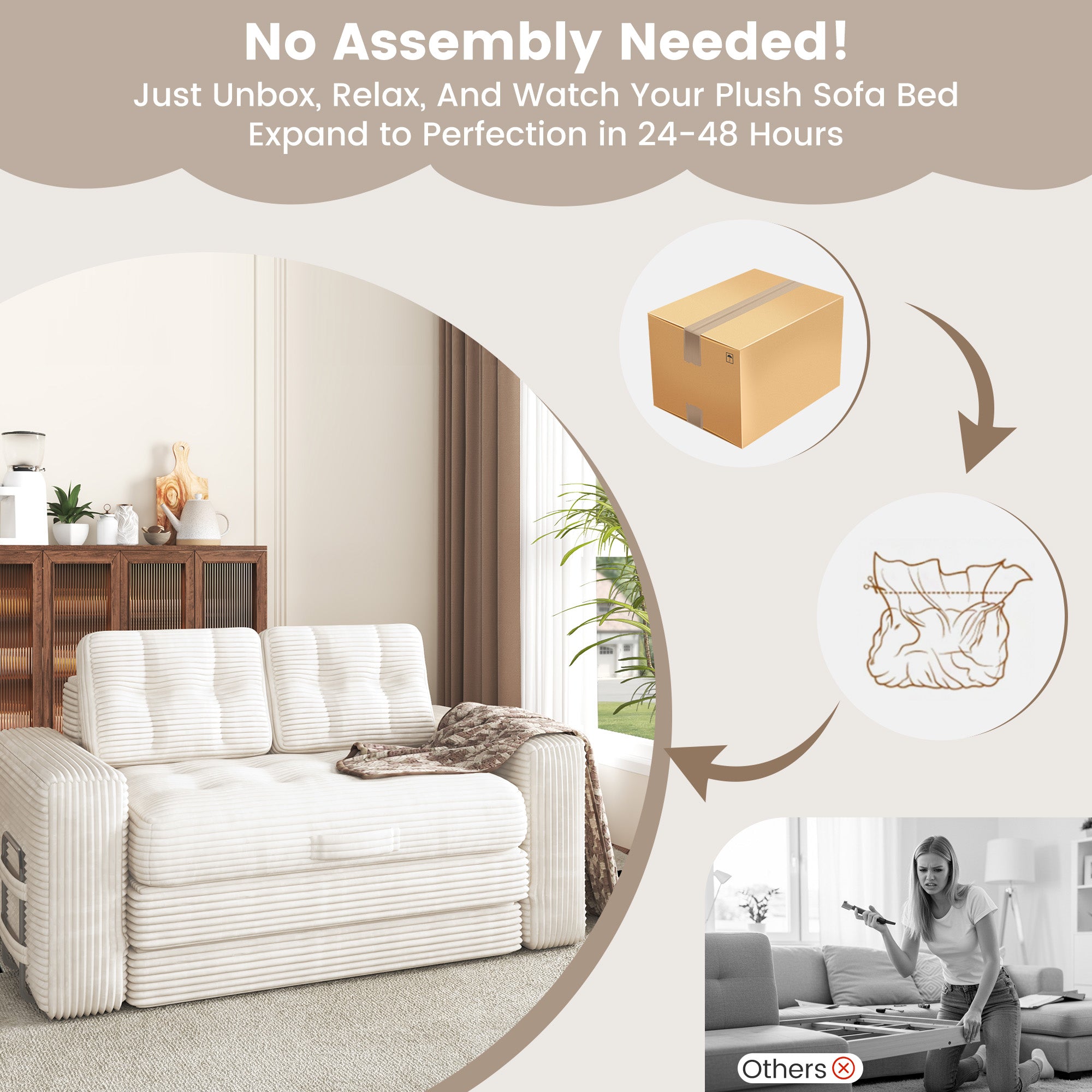 HOMREST No Assembly Needed Convertible Sofa Bed, 2 in 1 Boneless Couch Bed with 2 Pillows, Beige