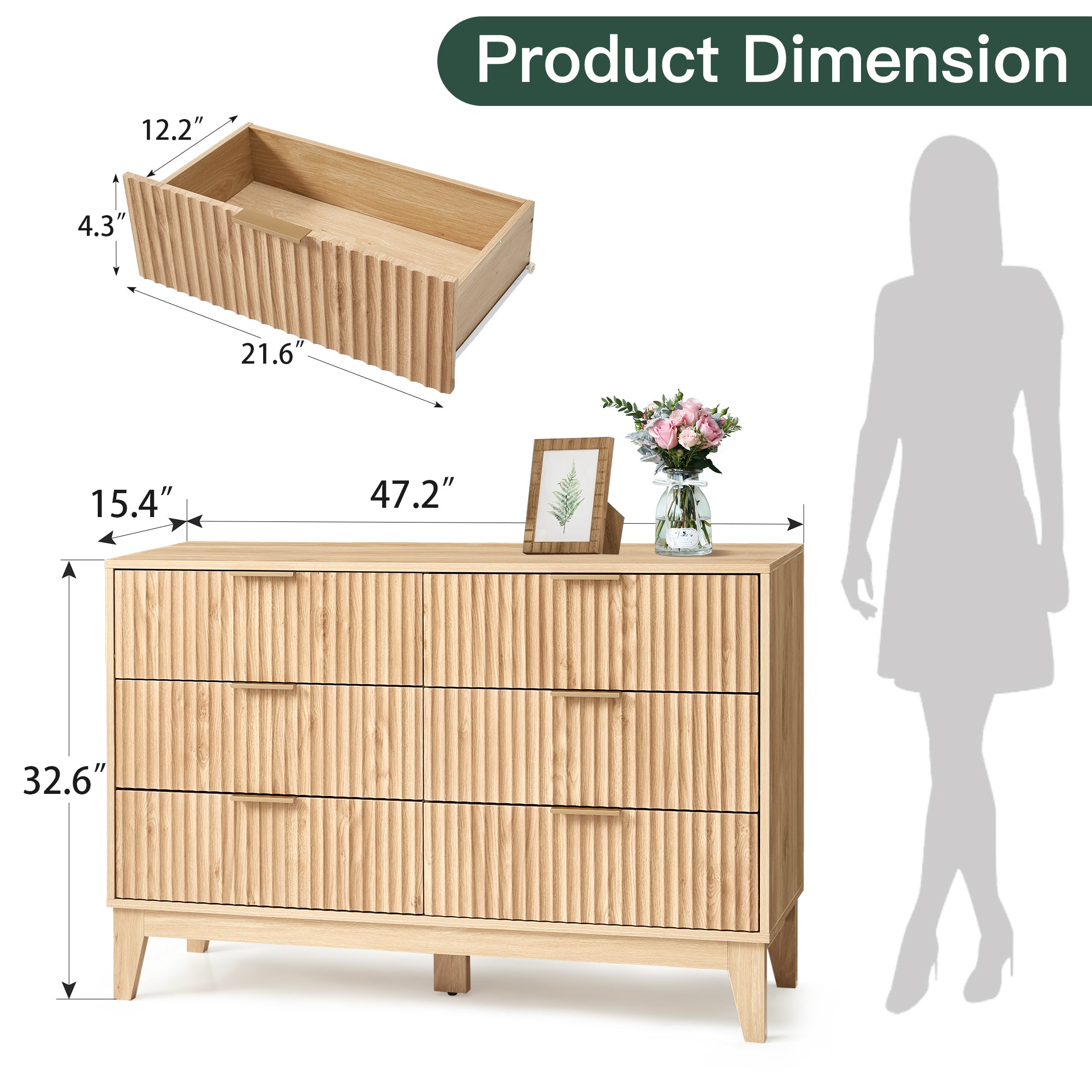 HOMREST Fluted Dresser for Bedroom, 6 Drawer Modern Dresser, Wide Modern Chest of Drawers with Metal Handle, Mid Century Modern Dresser, Natural Wood