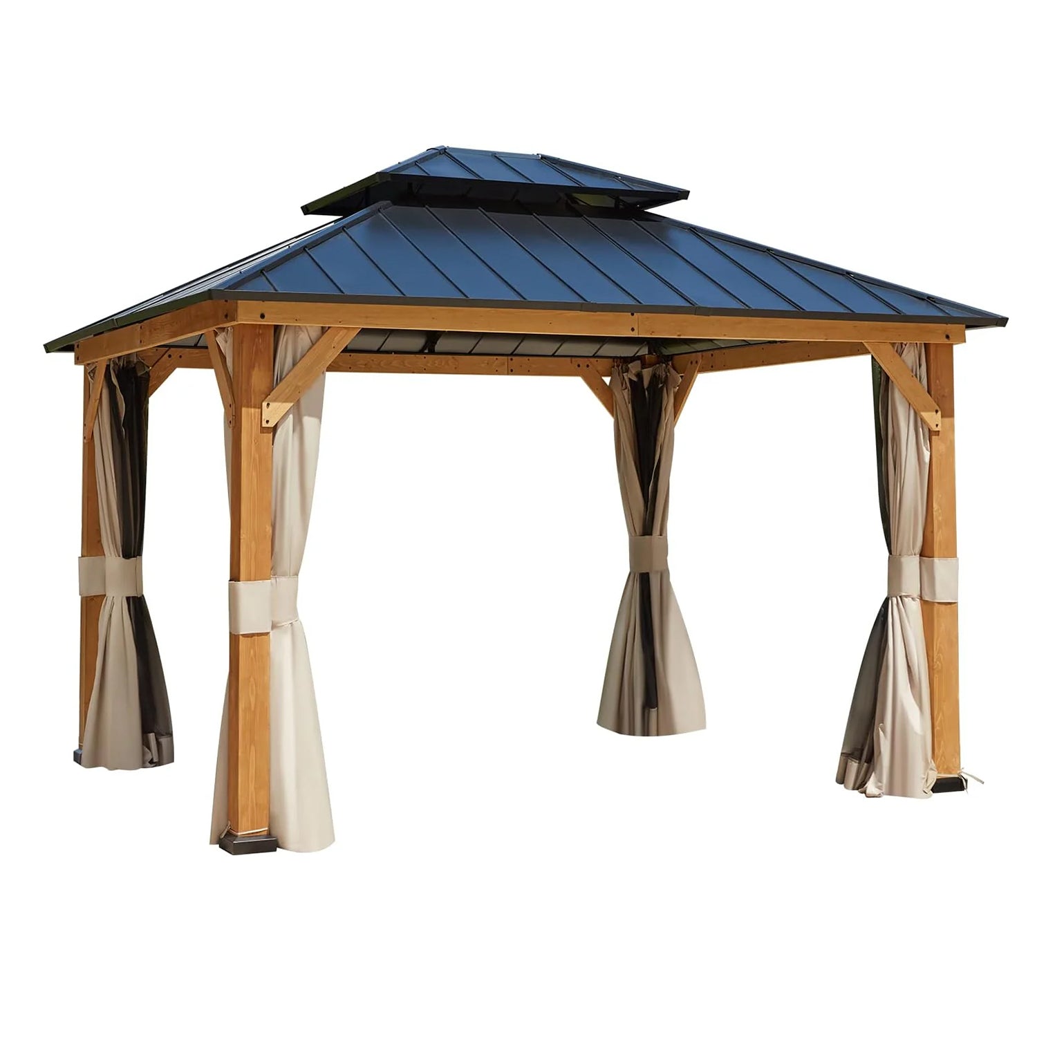 Homrest 11' x 13' Outdoor Cedar Wood Hardtop Gazebo w/ Double Metal Roof, Curtains & Nettings