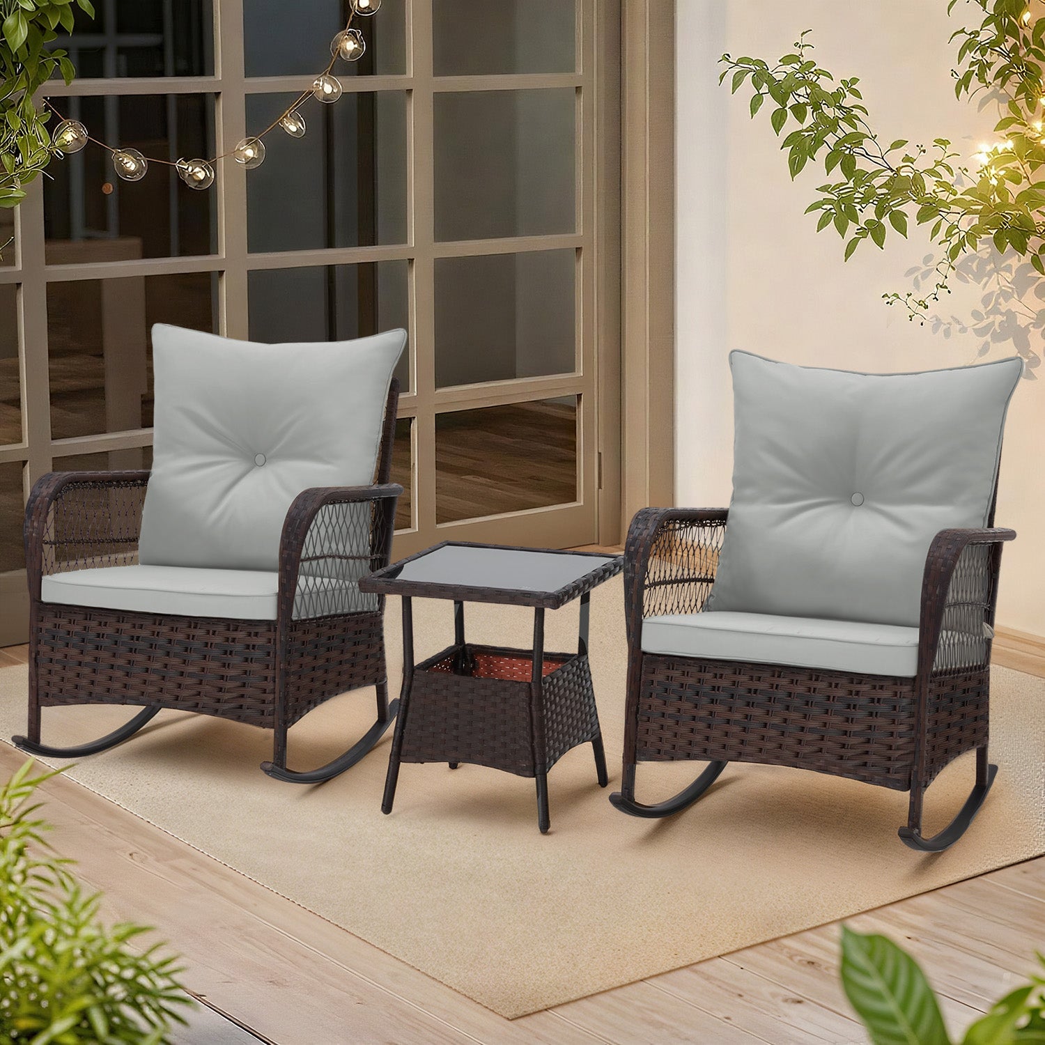 HOMREST 3-Piece Rattan Rocking Bistro Set with Glass Coffee Table for Porch & Garden