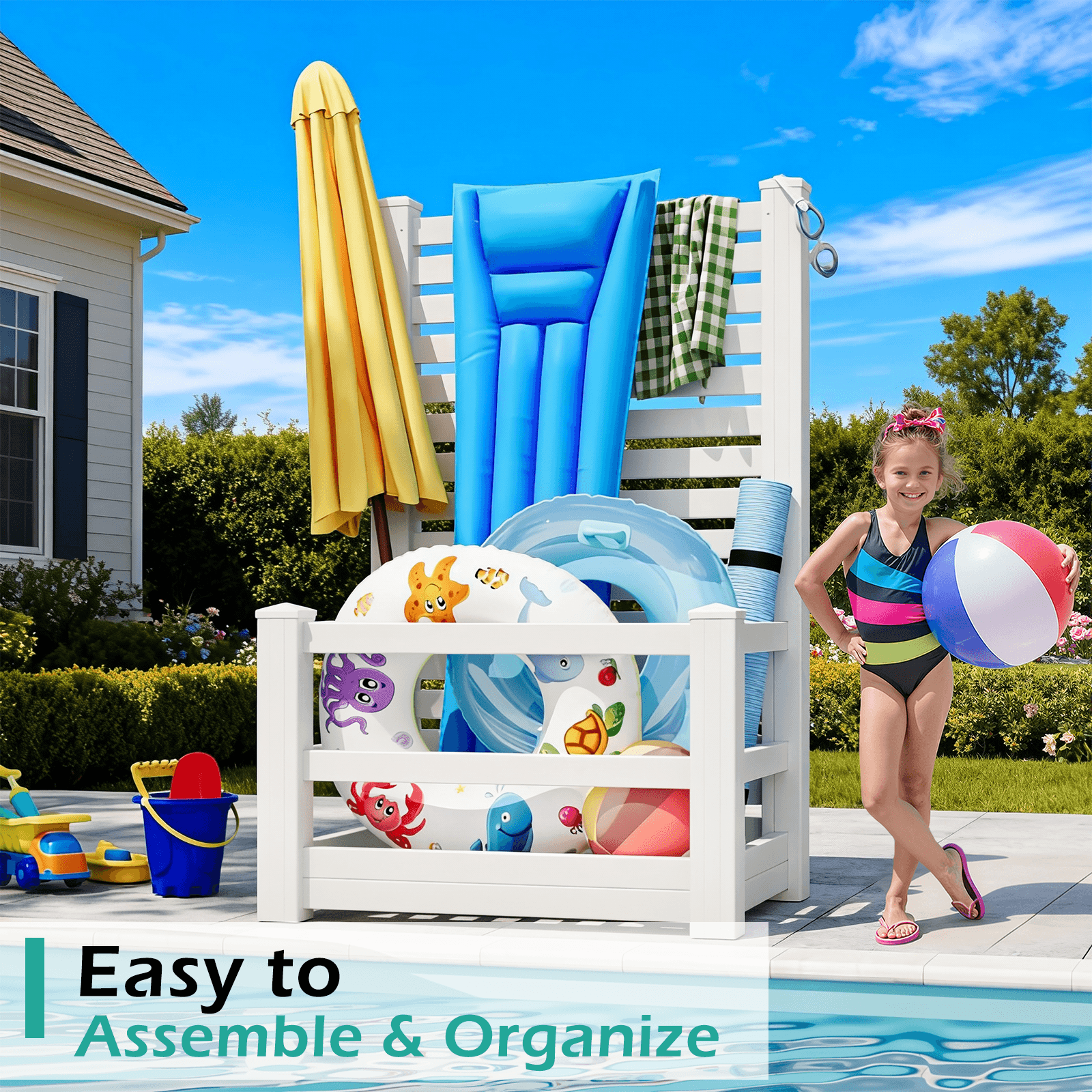 HOMREST 71" H Privacy Screen Pool Storage Organizer, Freestanding Pool Float Holder Replaces Deck Box, White