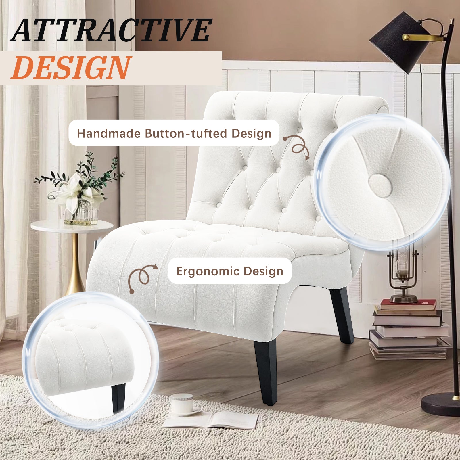 HOMREST Armless Accent Chair, Upholstered Button Tufted Living Room Chairs with Wood Legs, Comfy Frosted Velvet Lounge Chair Reading Chair for Bedroom, Cream White