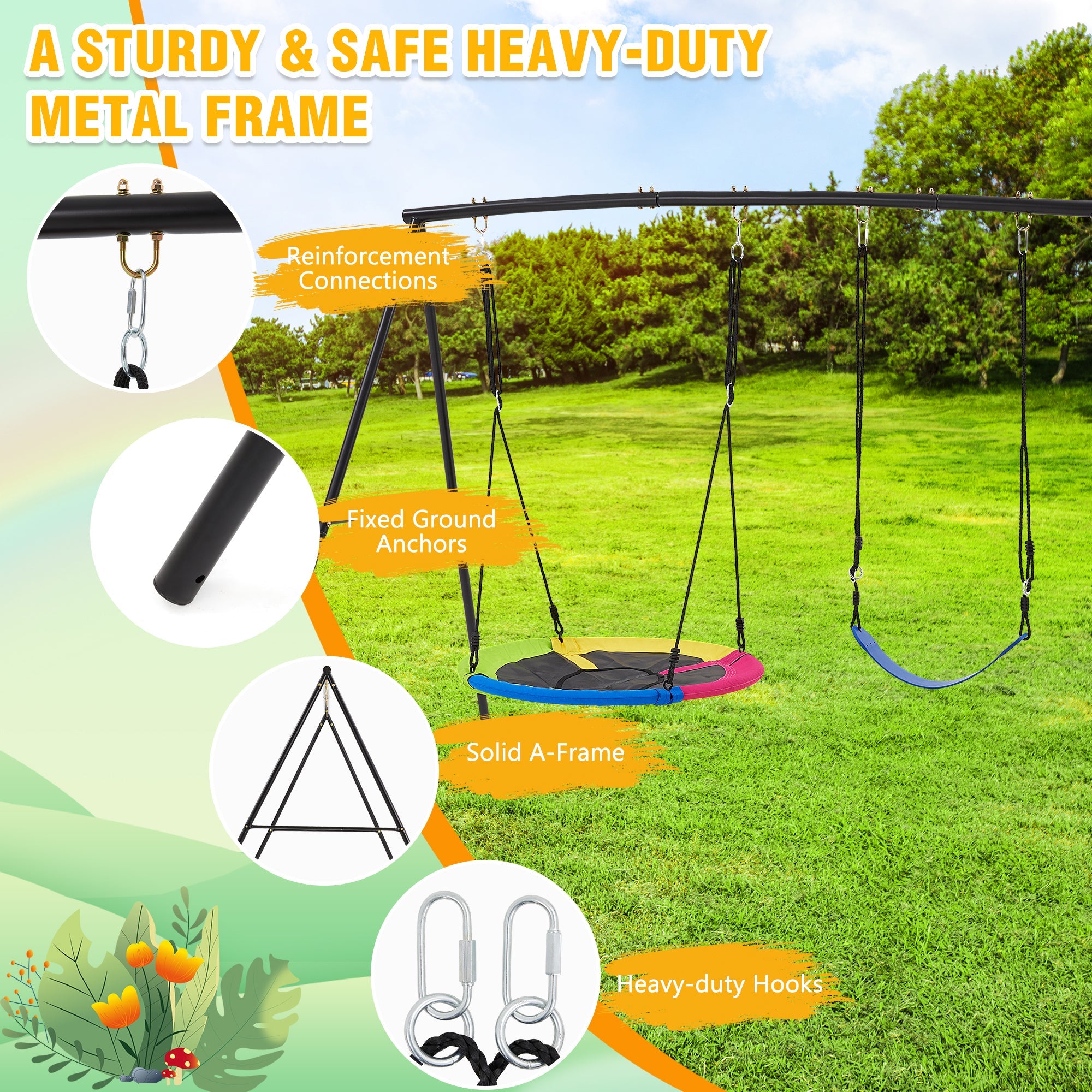Homrest Heavy-Duty A-Frame Metal Swing Set, 440lbs Capacity, Includes Saucer & Belt Swings, Outdoor Playground for Kids