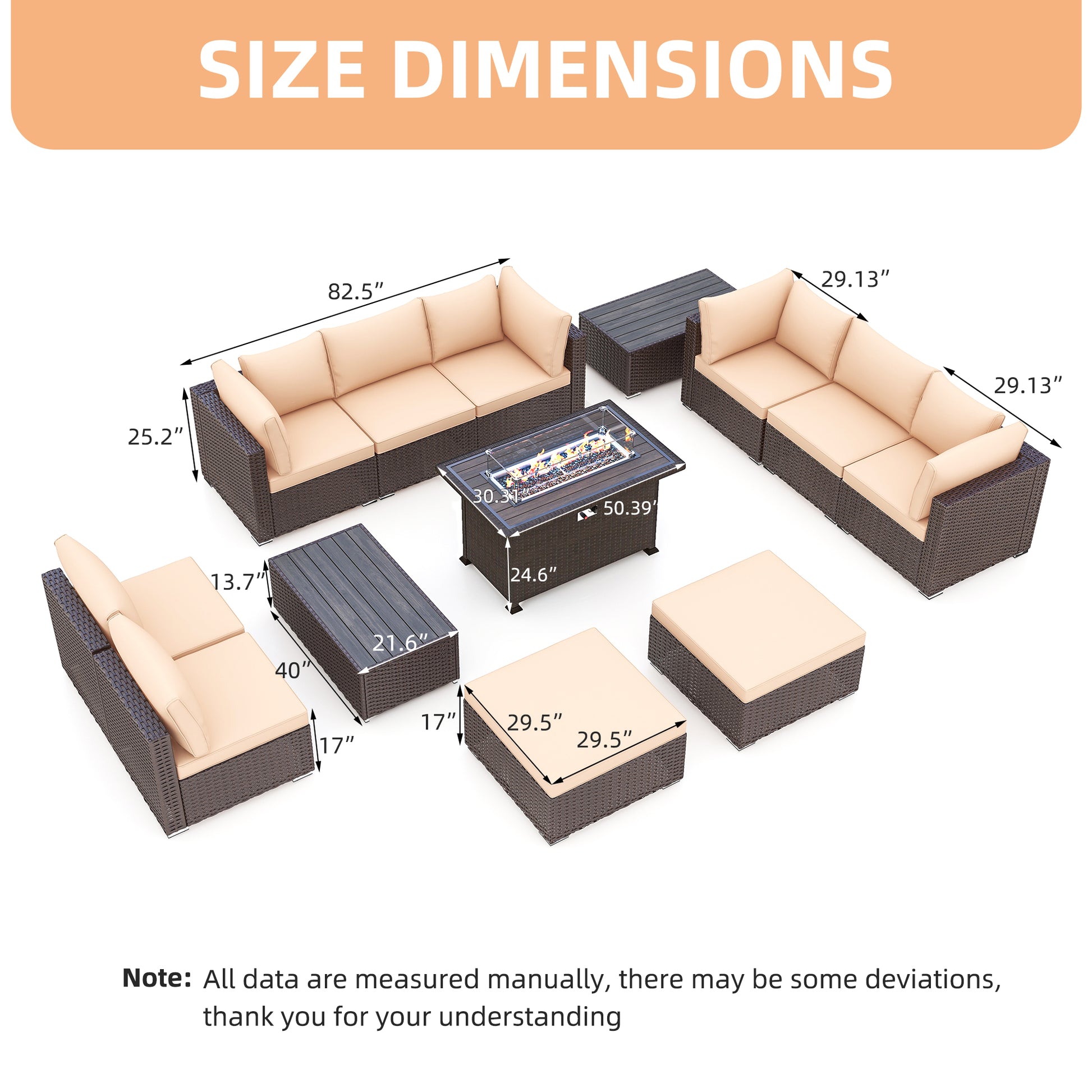 Patio furniture set with coffee table and fire pit table