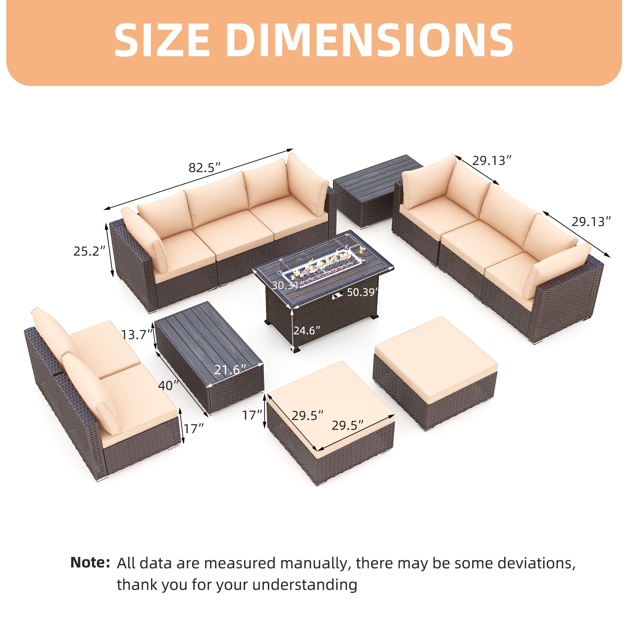 Patio furniture set with coffee table and fire pit table
