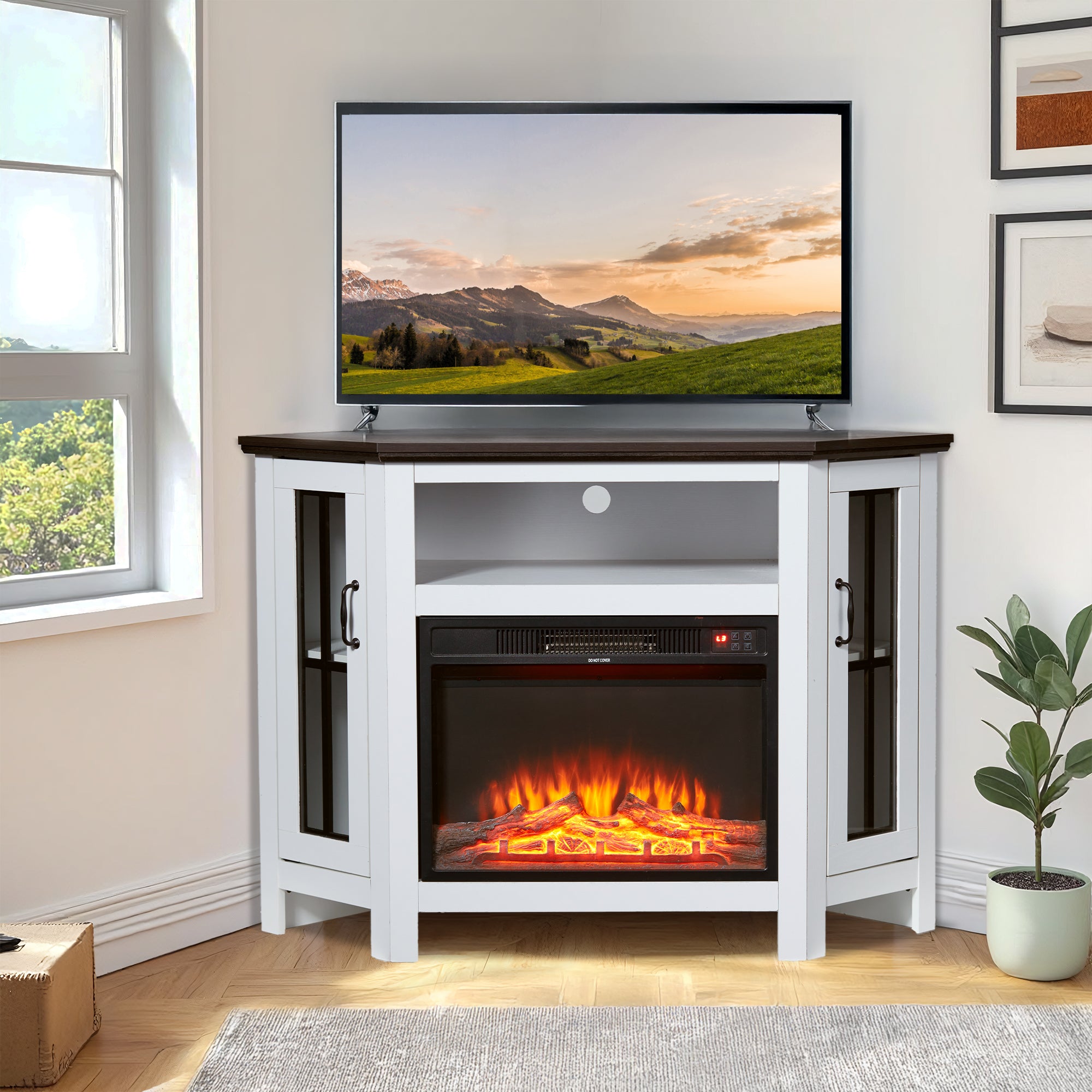 HOMREST 48" Deep Walnut Corner Fireplace Cabinet with 23" Electric Fireplace