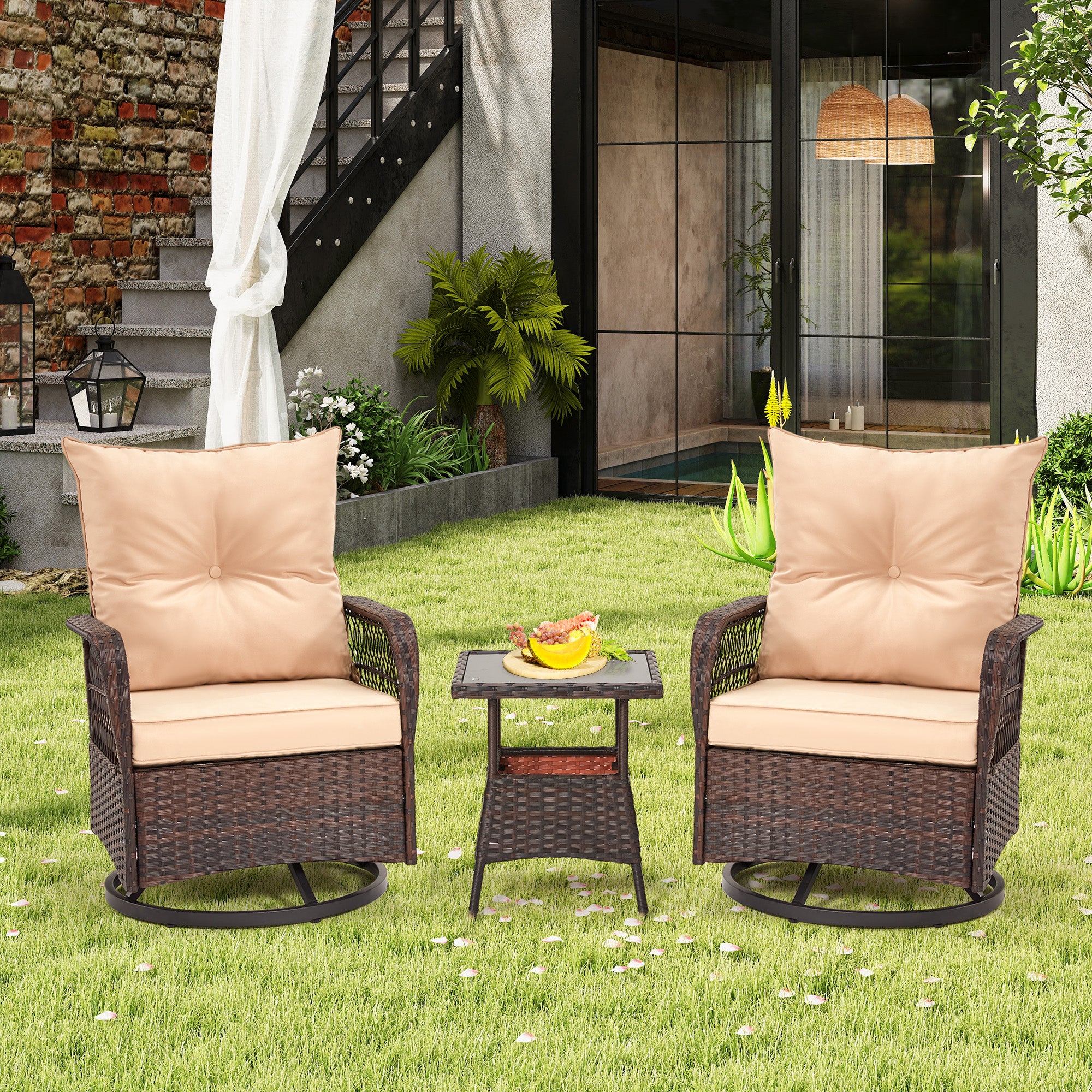 HOMREST 3-Piece Patio Swivel Rocker Set with Rattan Coffee Table, Beige