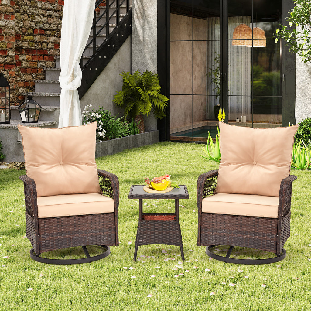 HOMREST 3-Piece Patio Swivel Rocker Set with Rattan Coffee Table for Lawn, Garden, Porch