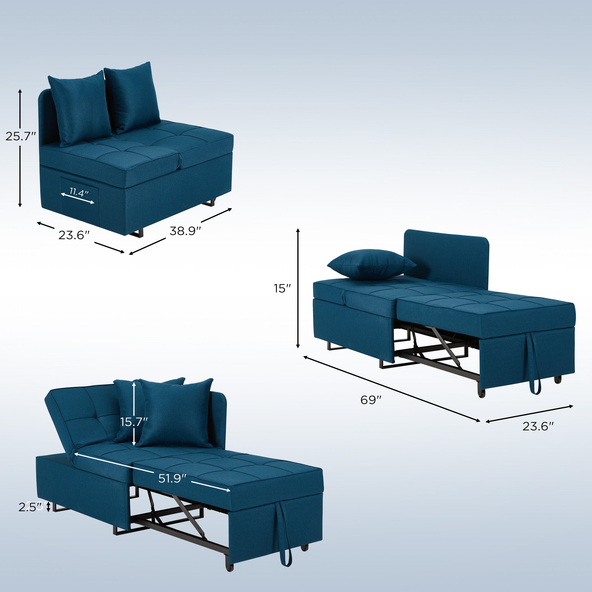 HOMREST 3 IN 1 Futon Sofa Bed Convertible Recliner Lounge for Living Room with Reclining Backrest, Linen, Peacock Blue