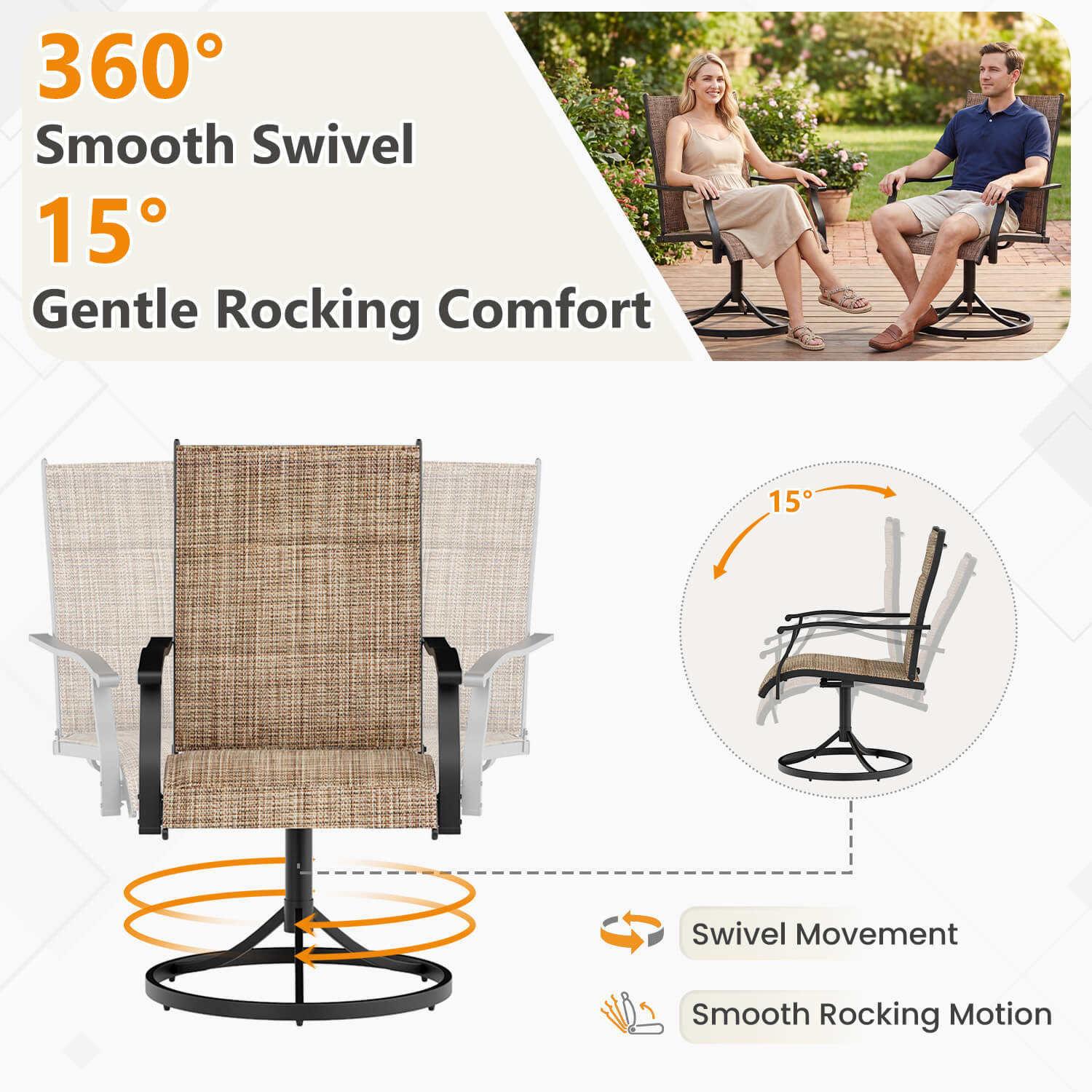 HOMREST Patio Swivel Chairs Set of 4, 360° Swivel, 15° Rocking, Outdoor Dining Chairs with Padded All Weather Quick-Drying Textilene High Back & Metal Frame, Brown