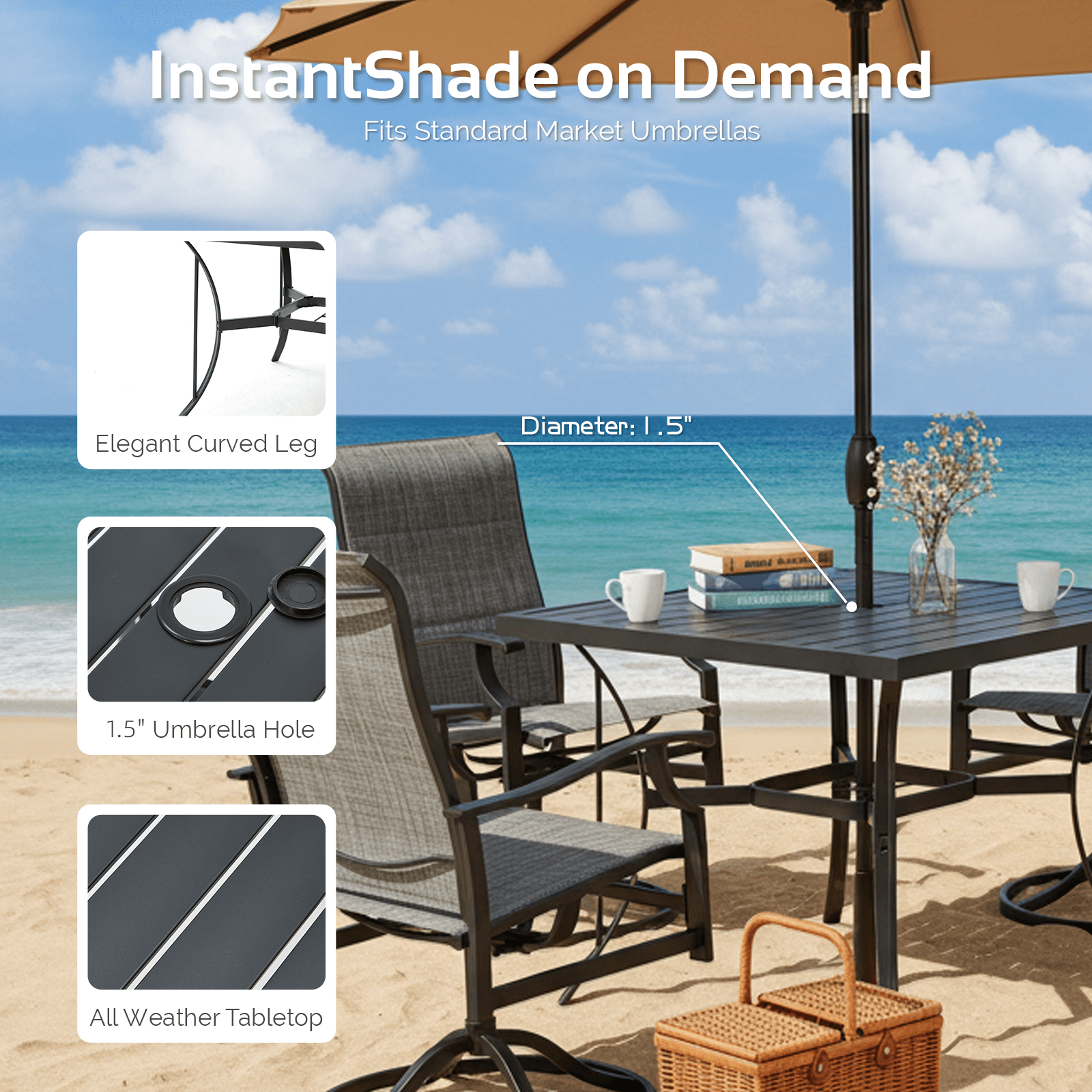 HOMREST 5-Piece Patio Furniture Set Outdoor Dining Table & Chairs with Umbrella Hole, 360° Swivel Rocking Chair, Gray