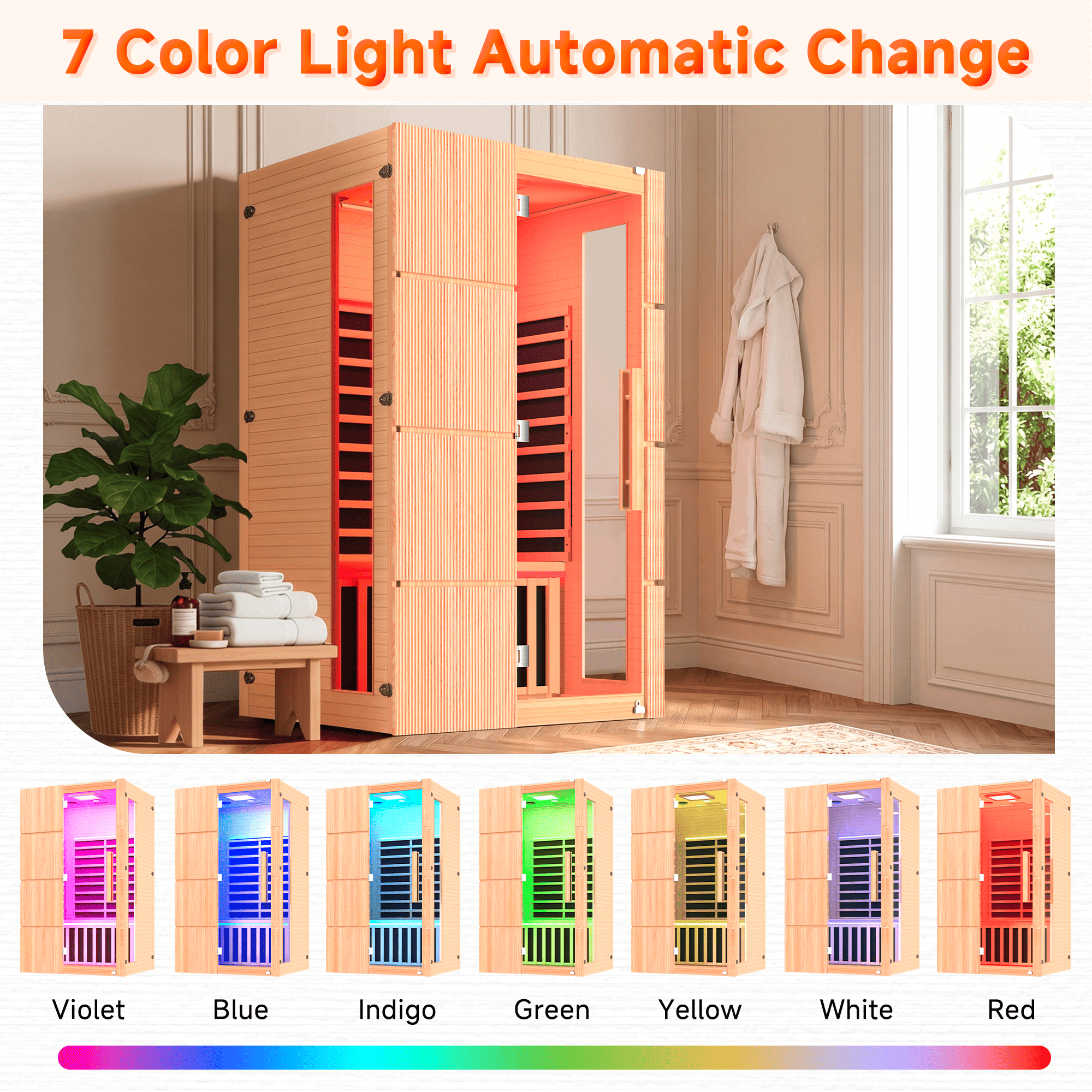 HOMREST 2-Person Indoor Infrared Sauna for Home, Far Infrared Sauna with Red Light Therapy, Chromotherapy Lighting, 6 Carbon Heaters & Bluetooth Speaker, Natural Wood