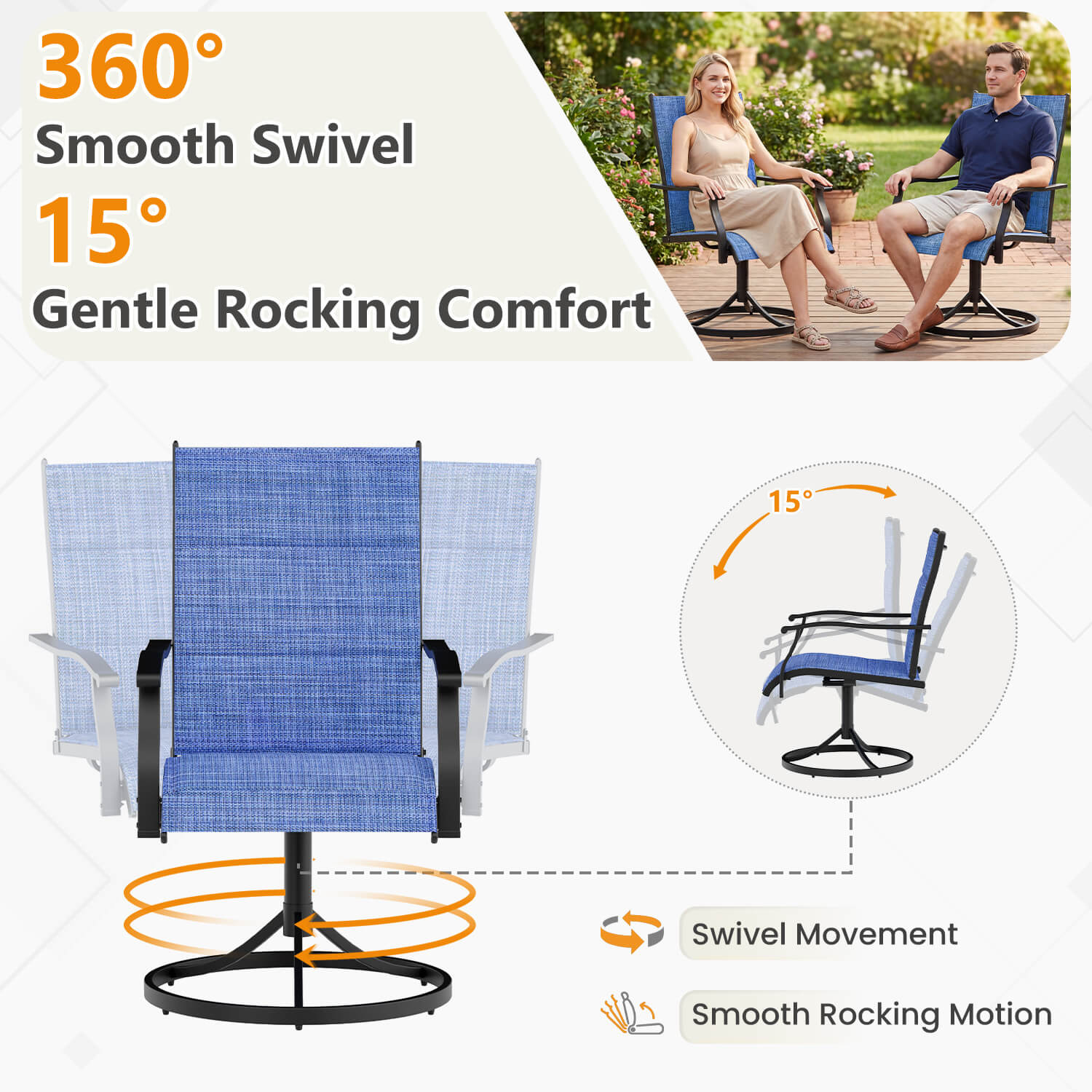 HOMREST Patio Swivel Chairs Set of 4, 360¡ã Swivel, 15¡ã Rocking, Outdoor Dining Chairs with Padded All Weather Quick-Drying Textilene High Back & Metal Frame, Blue