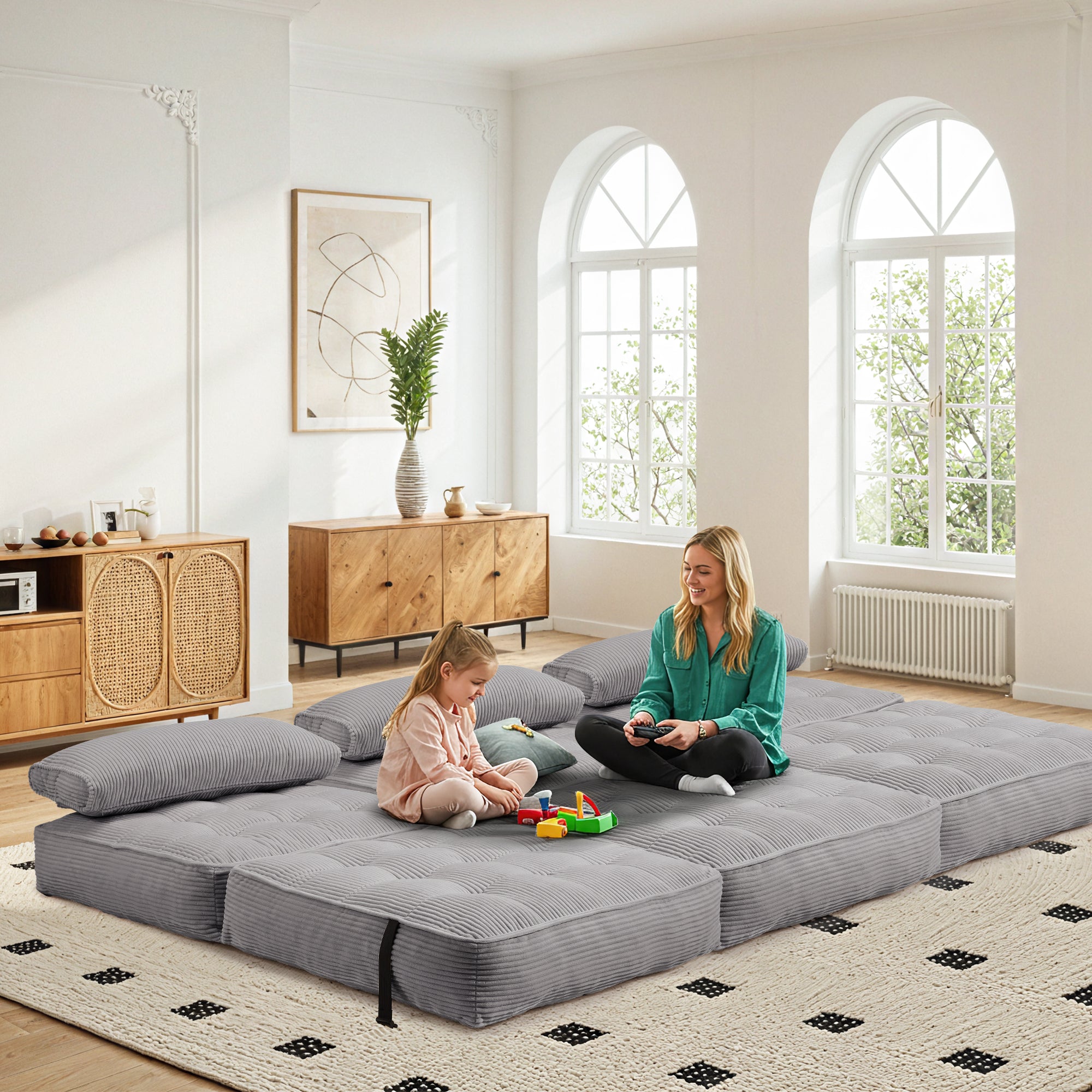 HOMREST 3-Piece Modular Sectional Sofa, Convertible Lounge Set – Foldable Couch Bed, Gray Blue