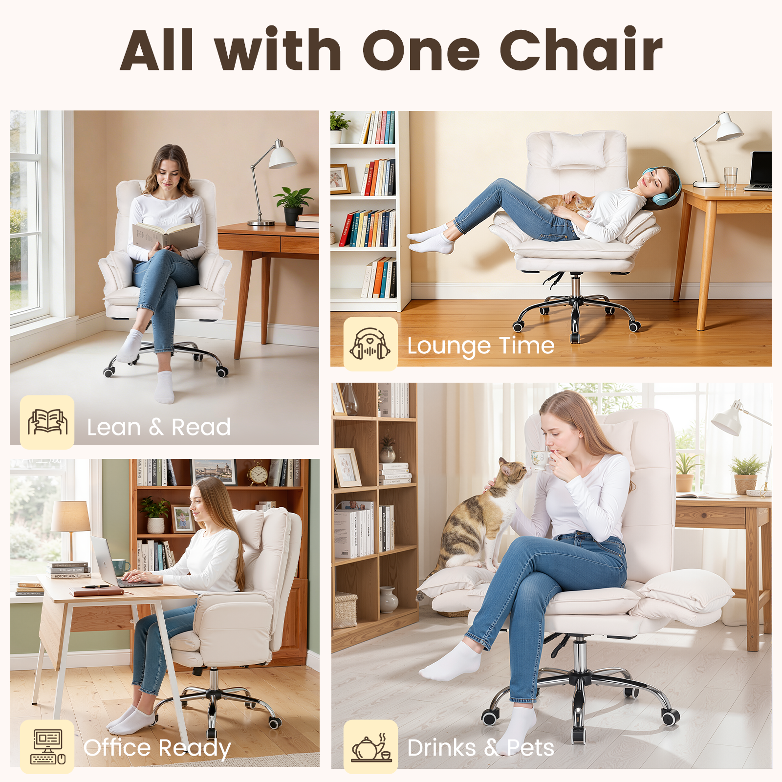 HOMREST Criss Cross Chair with Wheels, Big and Tall Velvet Office Chair Reversible Armrest and Wide Seat, Comfy, Beige