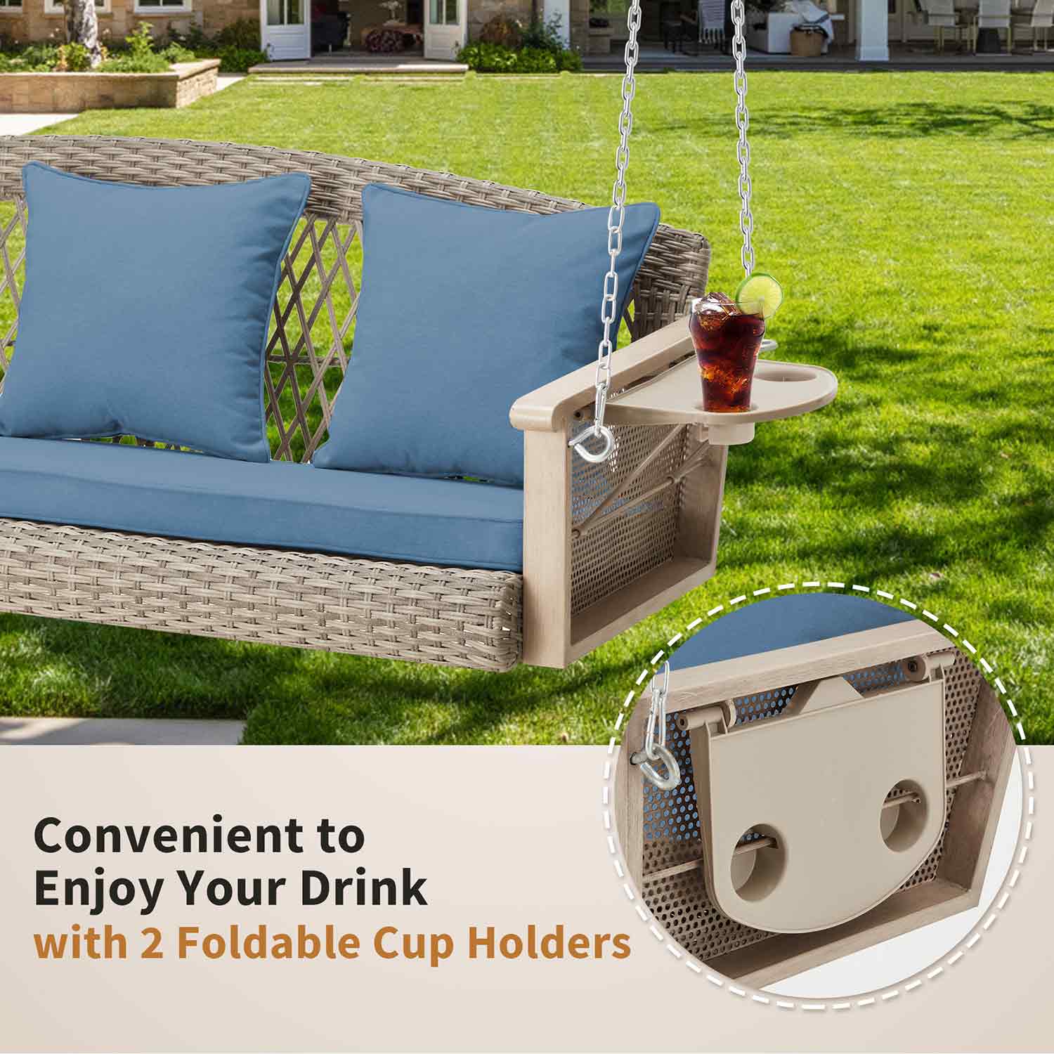 Outdoor Porch Swing with Cup Holders, Blue