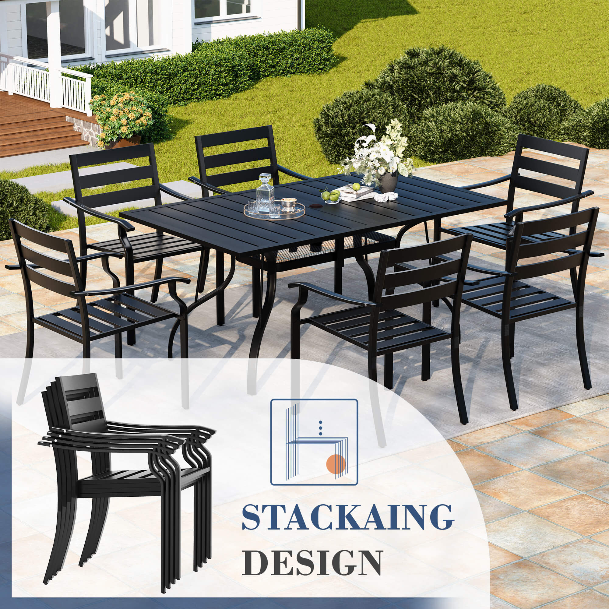 HOMREST 7-Piece Outdoor Patio Dining Set for 6, Rectangular Metal Table with Umbrella Hole & Stackable Chairs