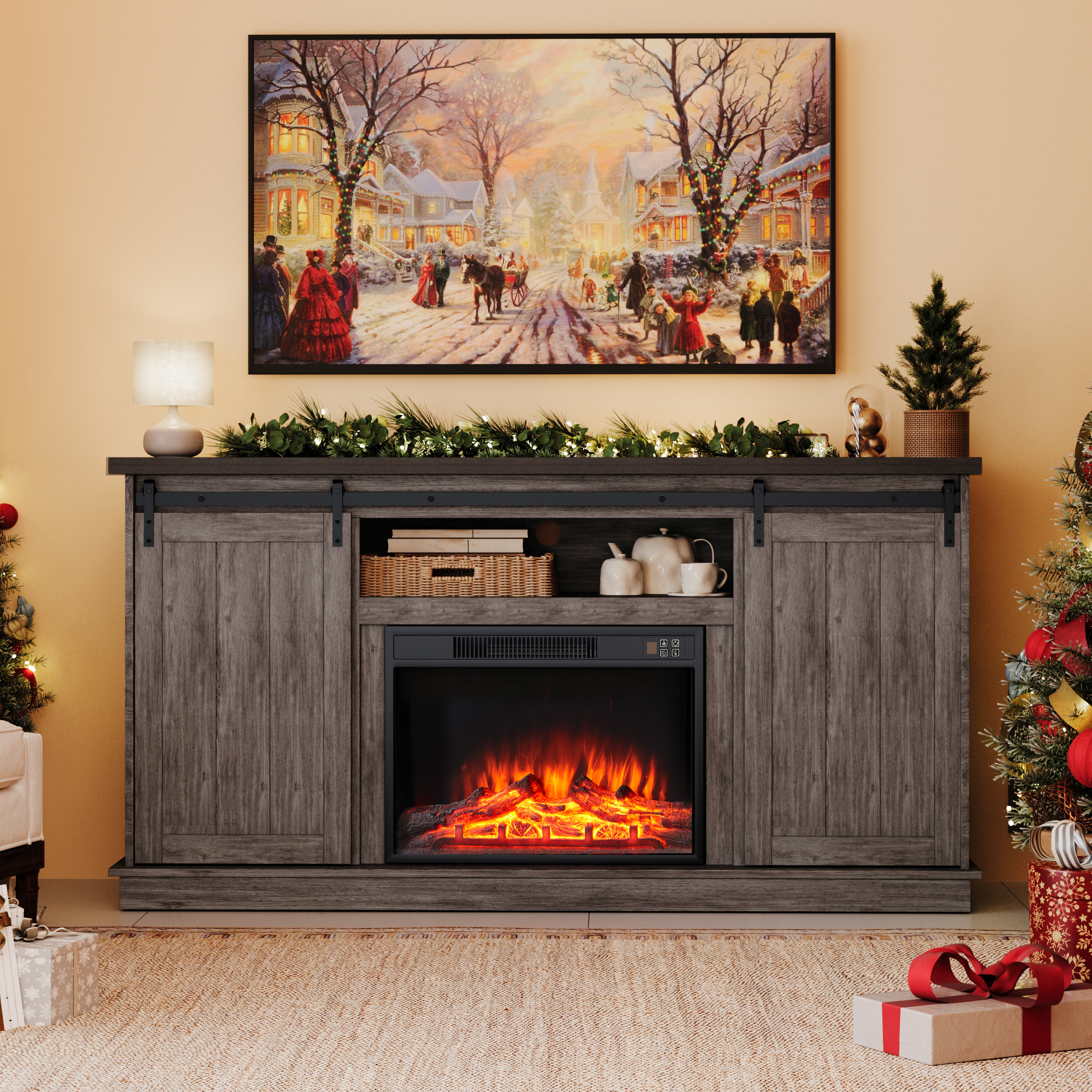 Homrest 63'' Rustic TV Stand with 23'' Electric Fireplace with Sliding Barn Doors - Teak
