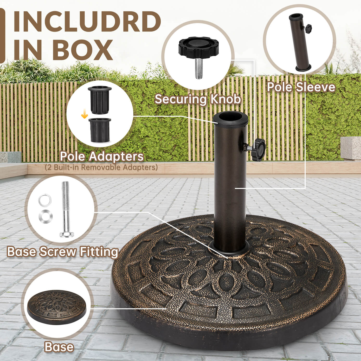 HOMREST 30 lbs Heavy Duty Round Antiqued Umbrella Base for 1.5“ or 1.9” Poles, for Outdoor, Lawn, Deck, Poolside & Patio Umbrella Stands