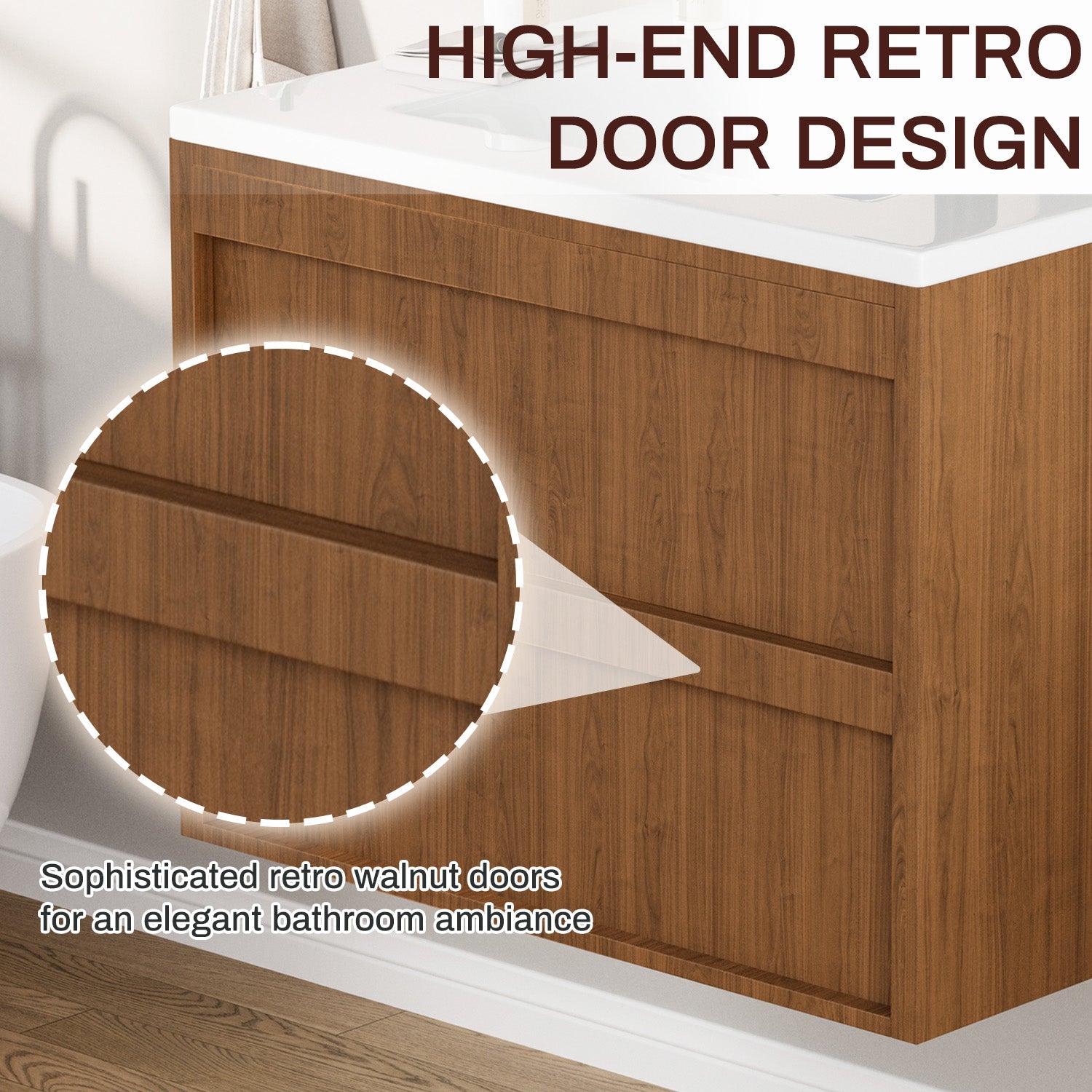 HOMREST 24 Inch Bathroom Vanity with Sink, Floating Bathroom Vanity with 2 Large Storage Drawers, Wood Grain Wall Mounted Bathroom Cabinet,  Brown