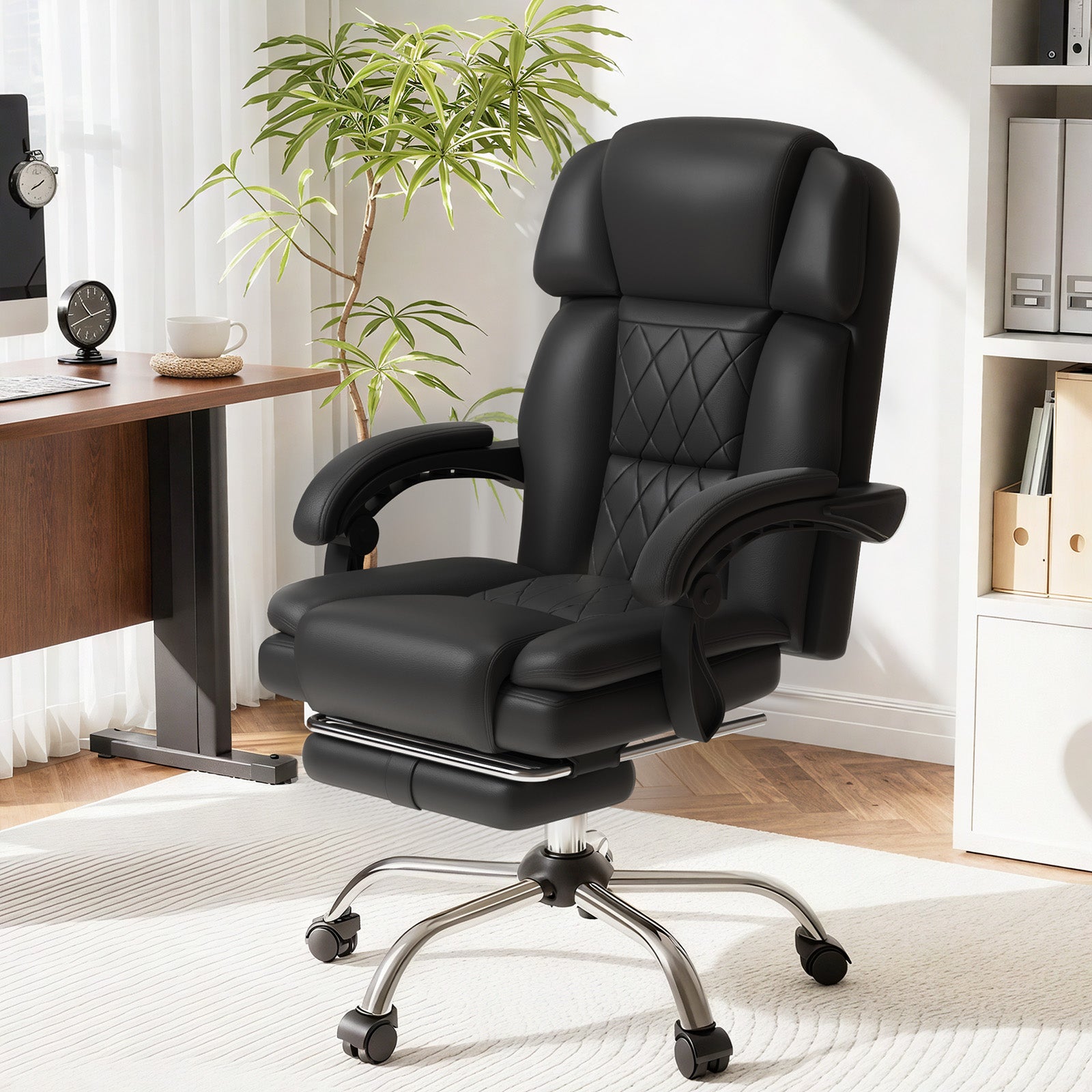 HOMREST 6-Point Massage Office Chair with Heat, Ergonomic Reclining Desk Chair with Footrest, PU Leather Executive Chairs for Home Office, Massaging Computer Chair Gift for Men, Black