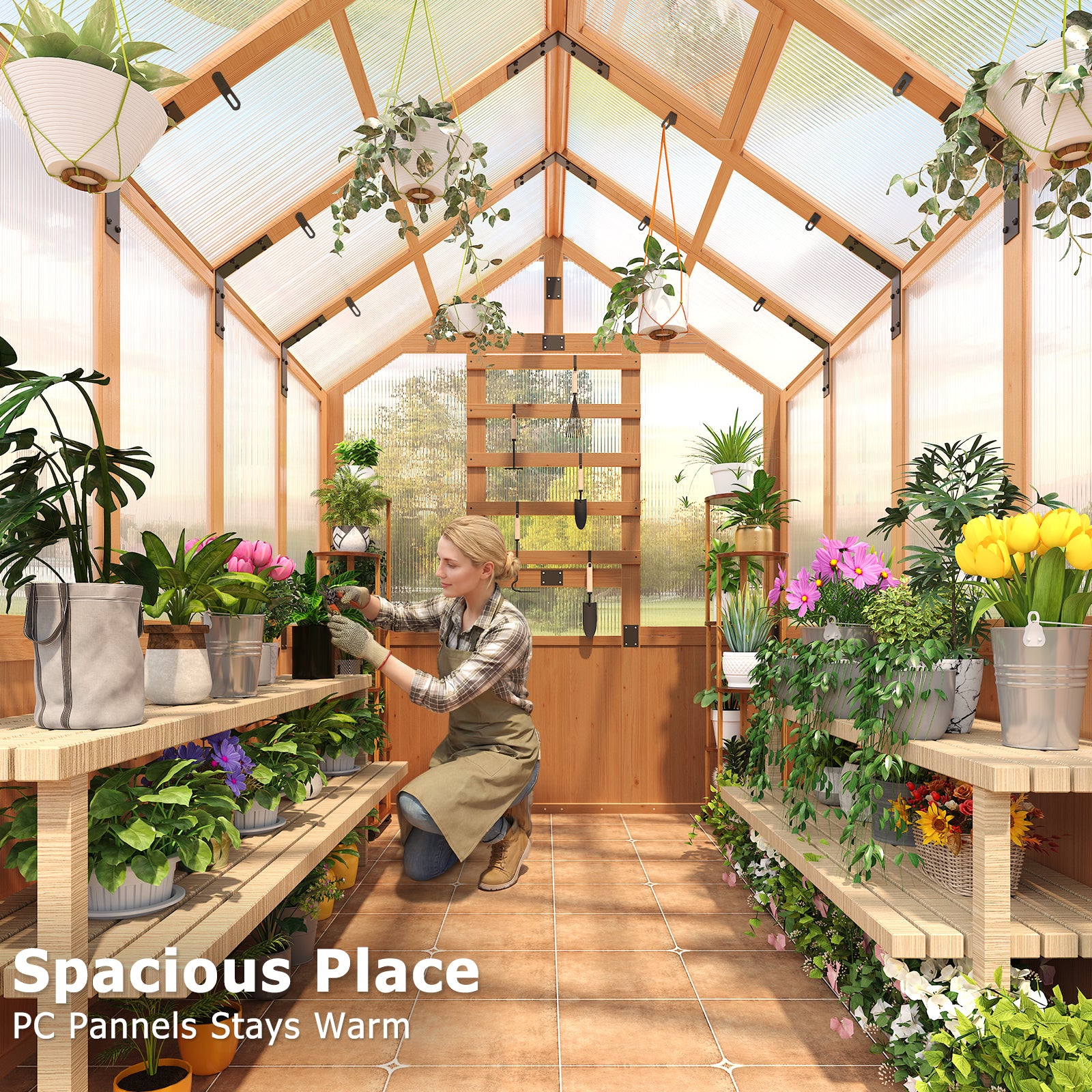 HOMREST 6x10 FT Wooden Greenhouse for Outdoors, Walk-in Greenhouse Kit with 4mm Polycarbonate Panels, Adjustable Roof Vent, Lockable Door, Backyard Greenhouse for Plants and Vegetables