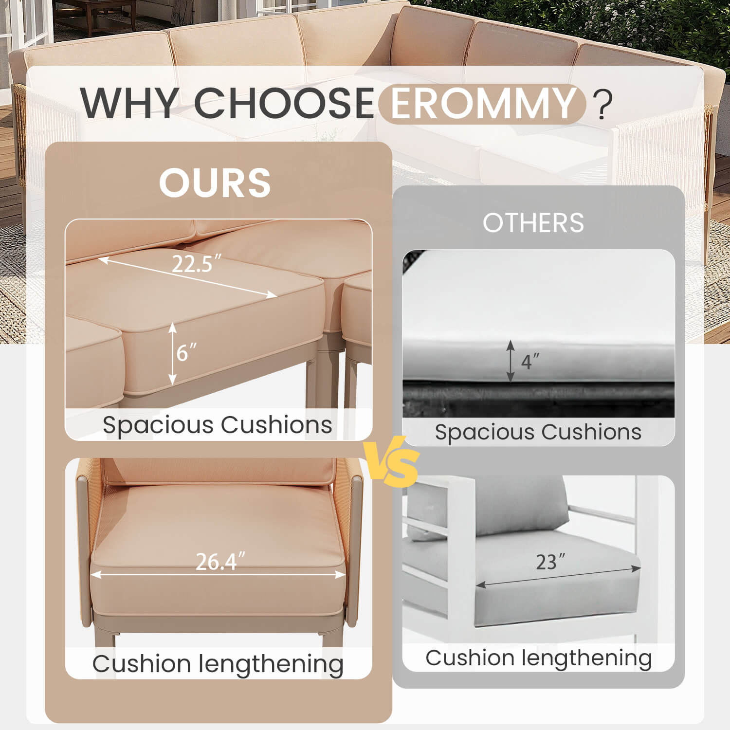 HOMREST 6-Piece Aluminum Patio Sectional Sofa Set, Outdoor Conversation Set with 6" Washable Thick Cushions & Coffee Table,  Beige