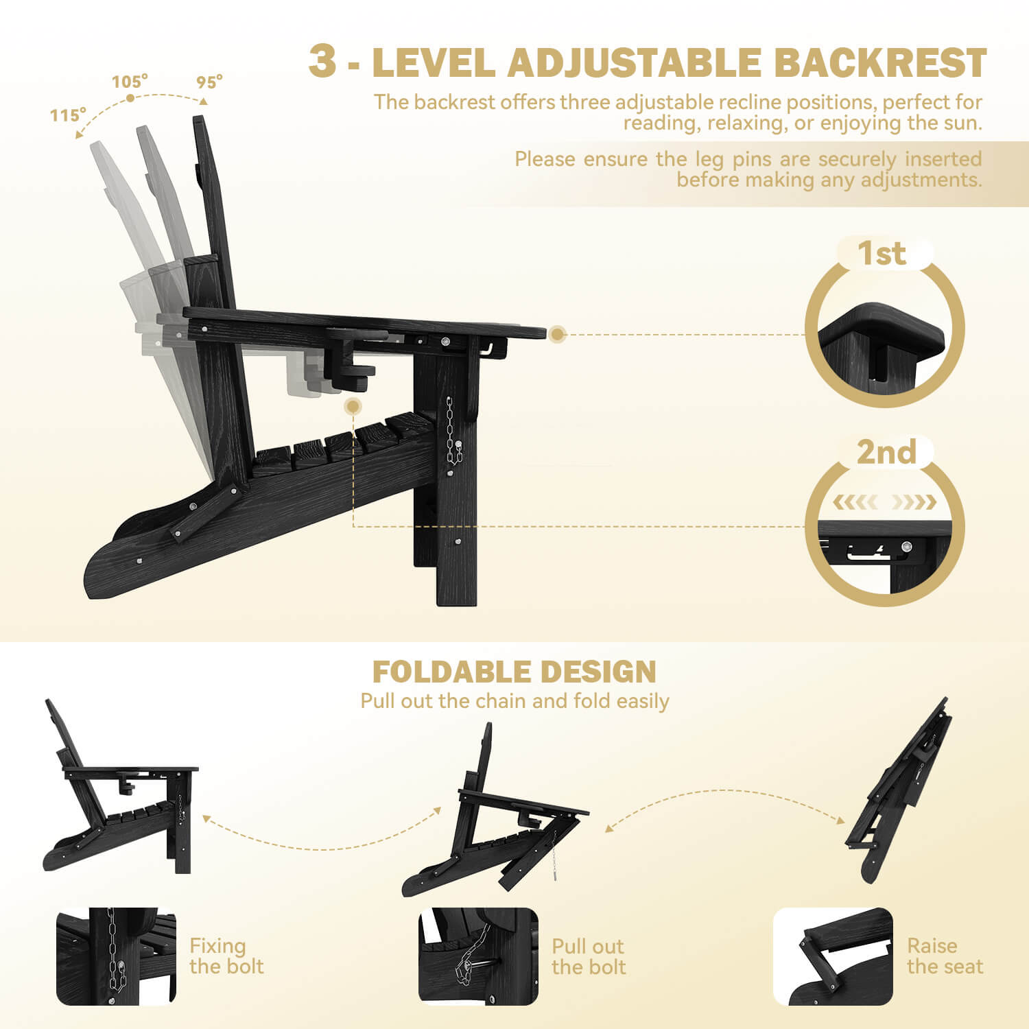 HOMREST 3-Level  Adjustable Adirondack Chair with Retractable Ottoman, Folding HDPE Outdoor Chair with Cup Holders, Black