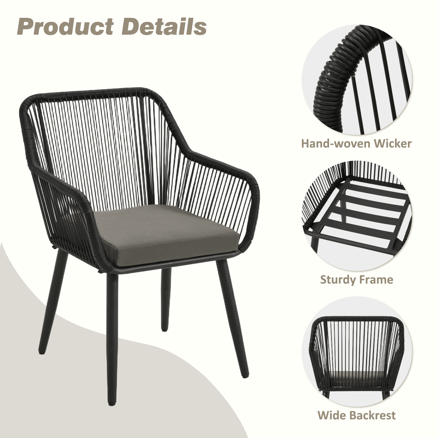 HOMREST Patio Wicker Dining Chairs Set of 2, Rattan Chairs w/ Cushions & Armrests, Grey/Black