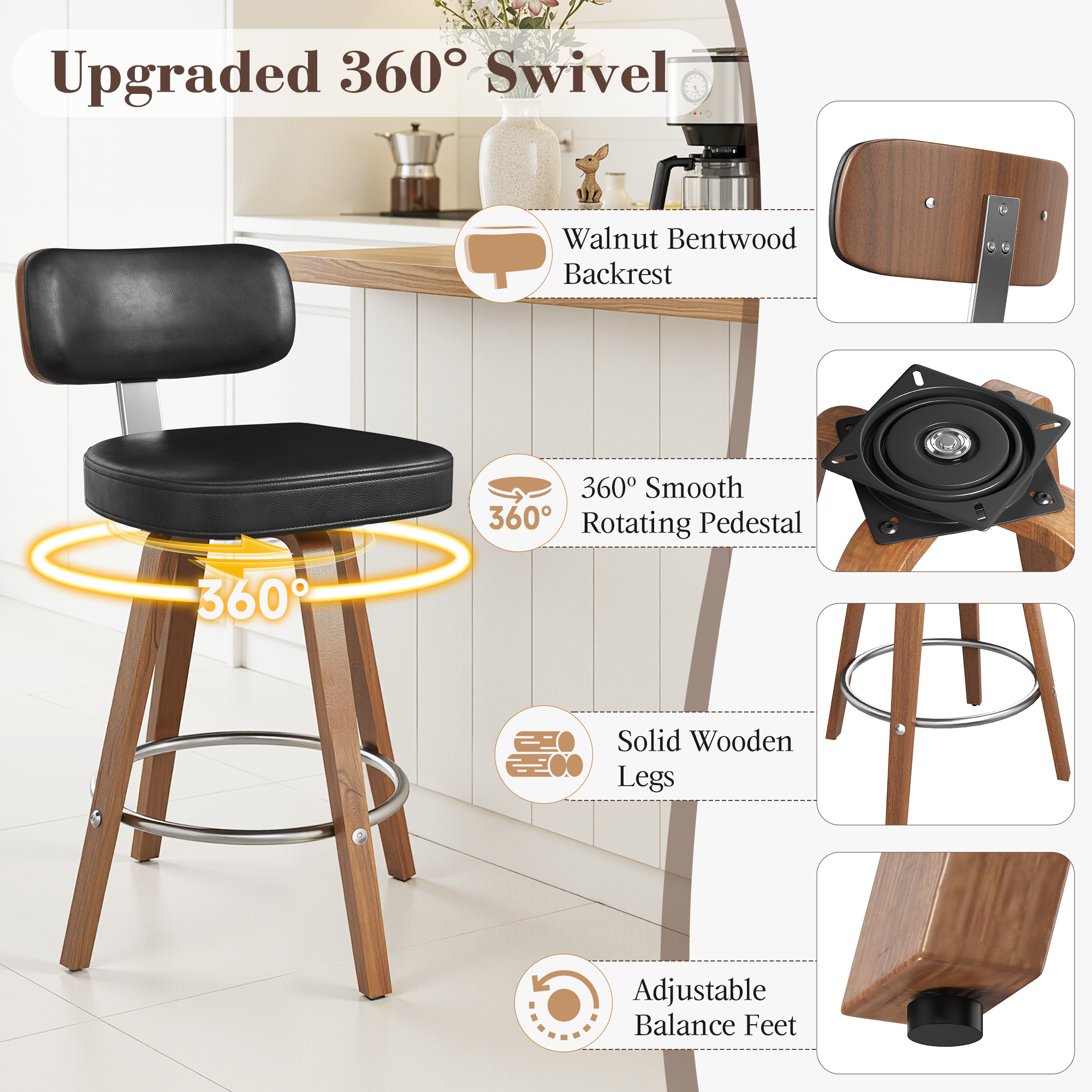 HOMREST Swivel Upholstered Counter & Bar Stool With Curved Back, Mid Century Modern Bar Chair With Solid Wood Frame And Metal Footrest (set Of 2), Black