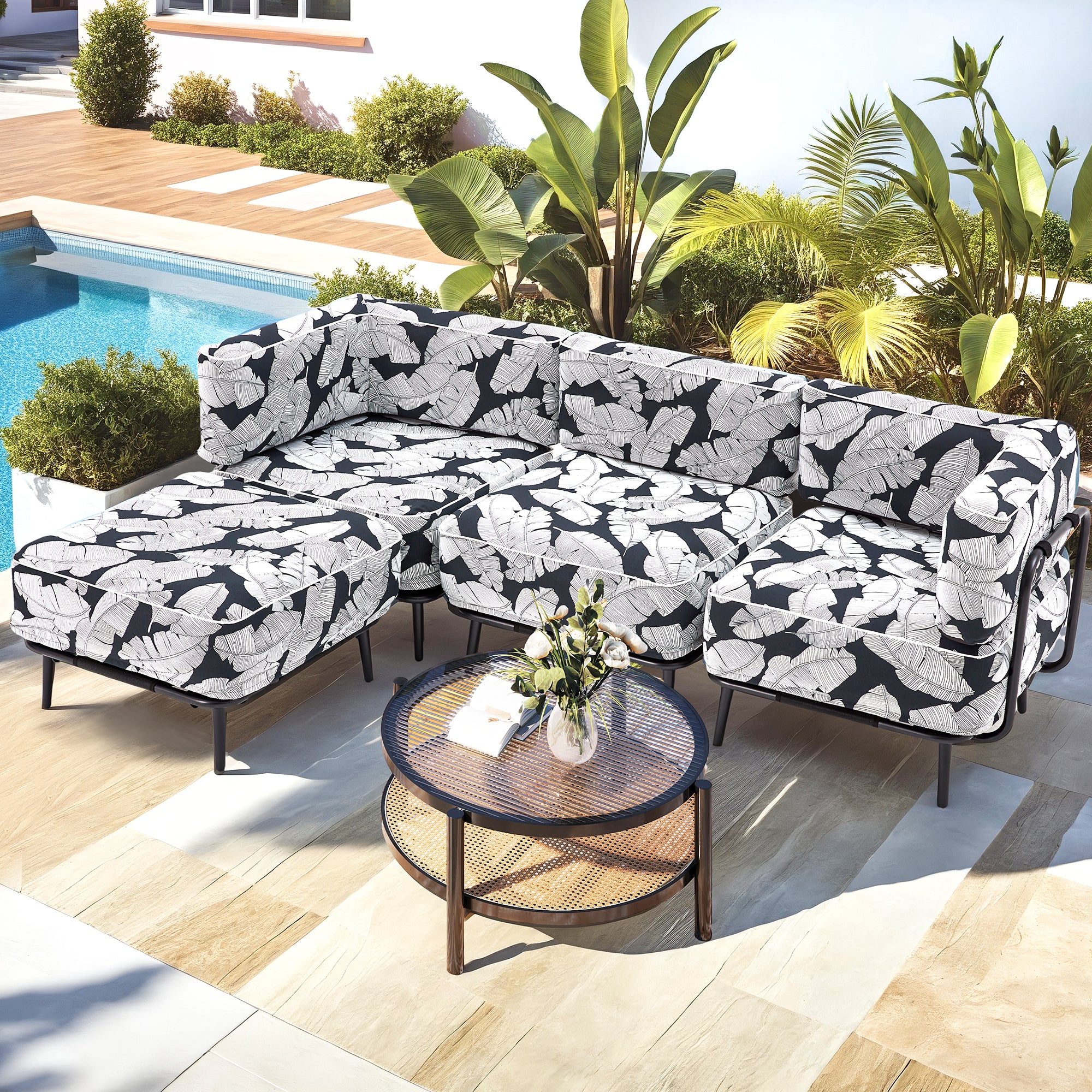HOMREST 4-Piece Inflatable Couch Set, Portable Oxford Fabric Blow Up Couch Lounger, White Black Leaf Pattern