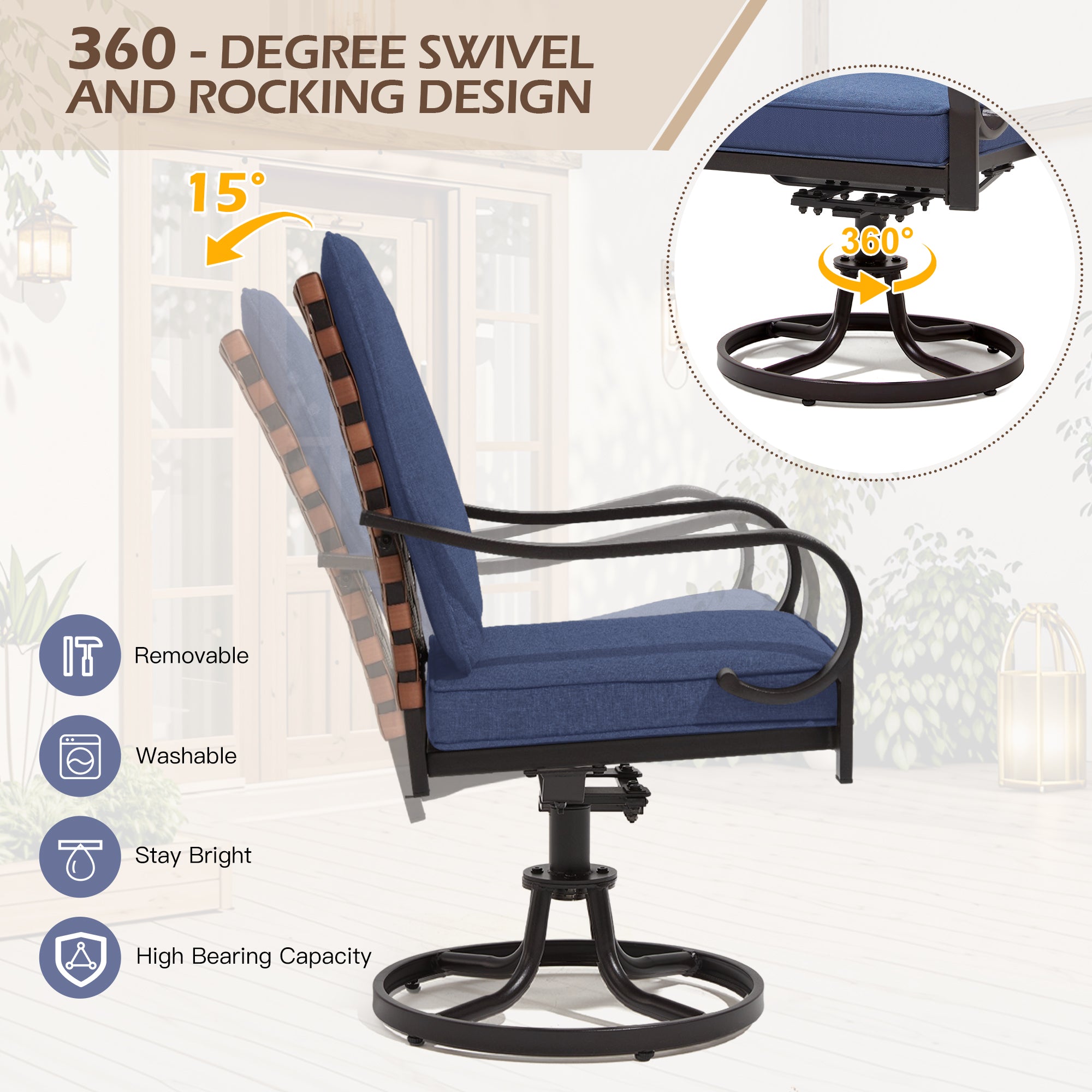 HOMREST Swivel Patio Chairs Set of 2 with Thickened Cushions, Blue