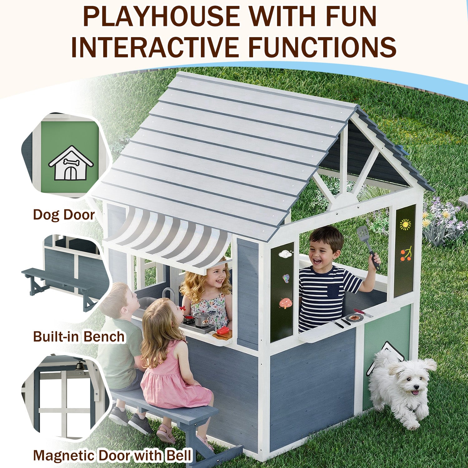 HOMREST Outdoor Playhouse for Kids, Wooden Kid Play House with Kitchen Toys,Blackboard,Chalks,Eraser,Magnetic Door, Bench, Foldable Sunshade Canopy,Flowerpot Holders, Bell, Pet Hole, Clock,Blue Grey